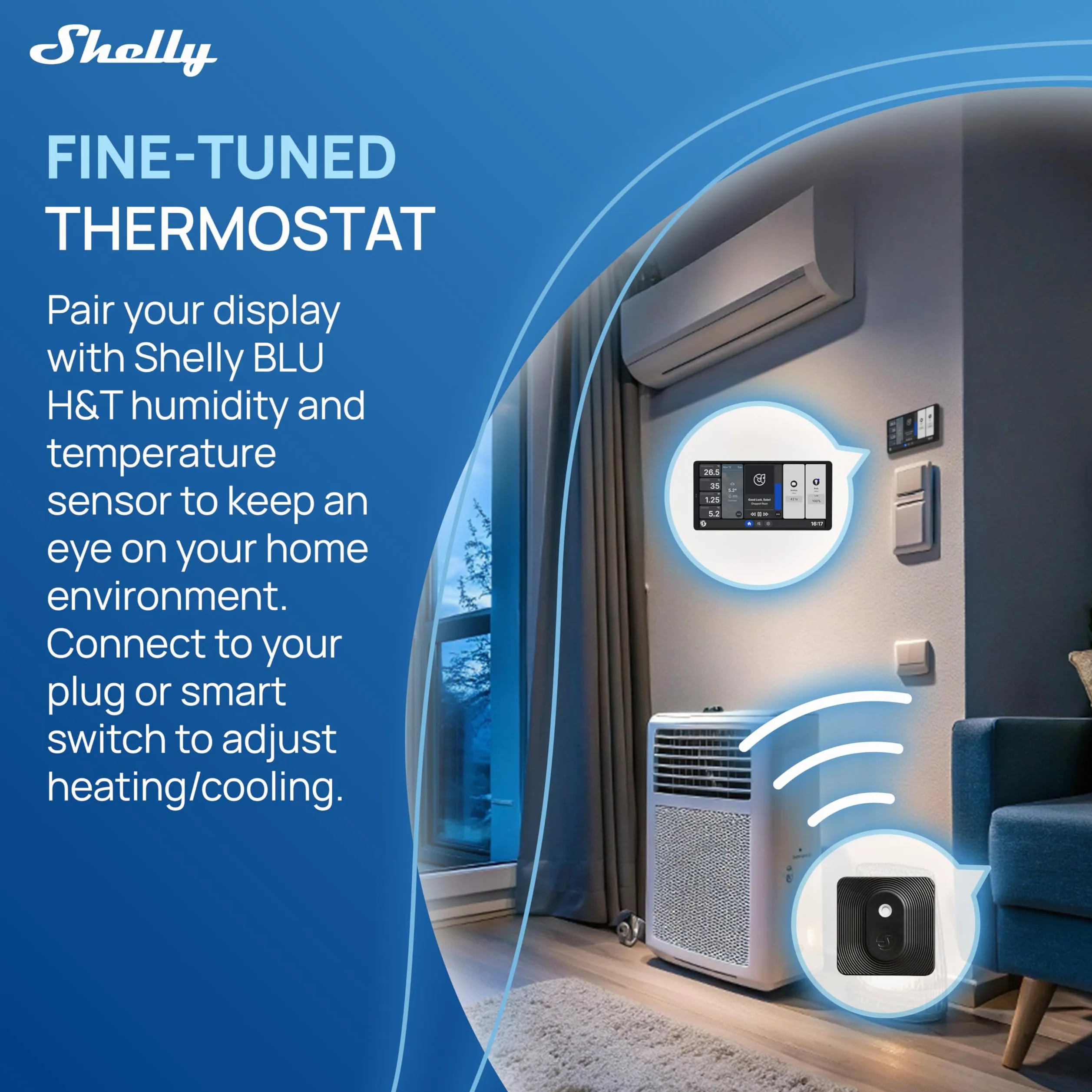 Shelly Wall Display x2 Negro y BLU H&T Negro - Panel de control domótico Wi-Fi con termómetro, higrómetro, pantalla táctil de 6,95'', interruptor 5A, termostato, Shelly App y Home Assistant