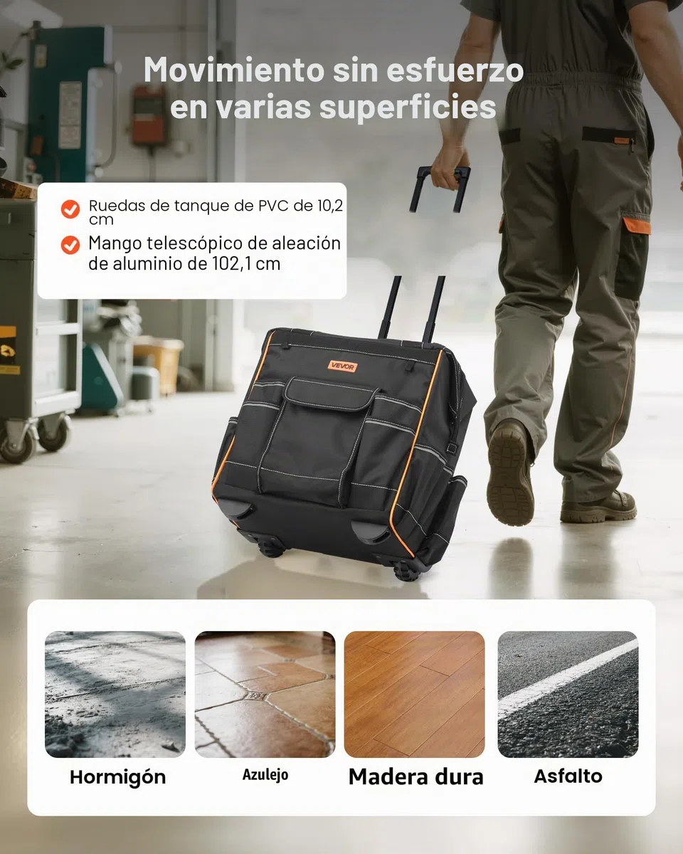 VEVOR Mochila con Ruedas de 39 x 29 x 42 cm Capacidad de Carga de 50 kg, Mochila de Herramientas Resistente con 25 Bolsillos, Asa Telescópica Ajustable y Base Estable para Construcción y Mecánico