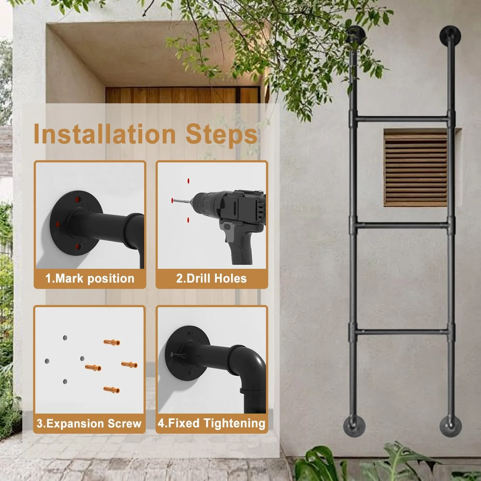 Escalera de hierro forjado de hierro forjado montada en la pared para el ático de la ventana, con diseño antideslizante para el hogar, loft, escalera de escape de incendios, 100 300 cm (175 cm)
