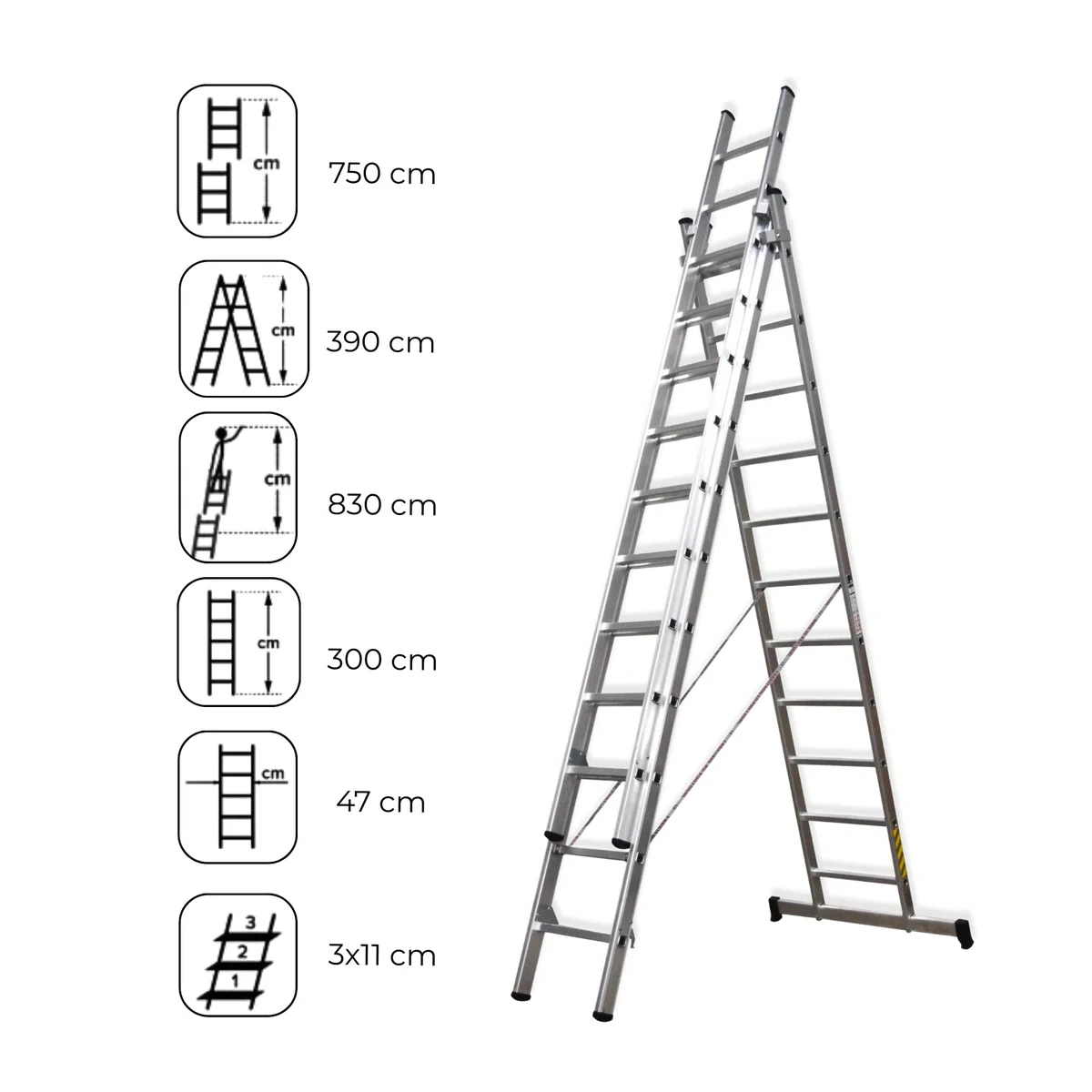 Homelux 825022 Escalera Aluminio Triple, 3 + 3 +3, 3 x 11 Peldaños, 18.5 kg