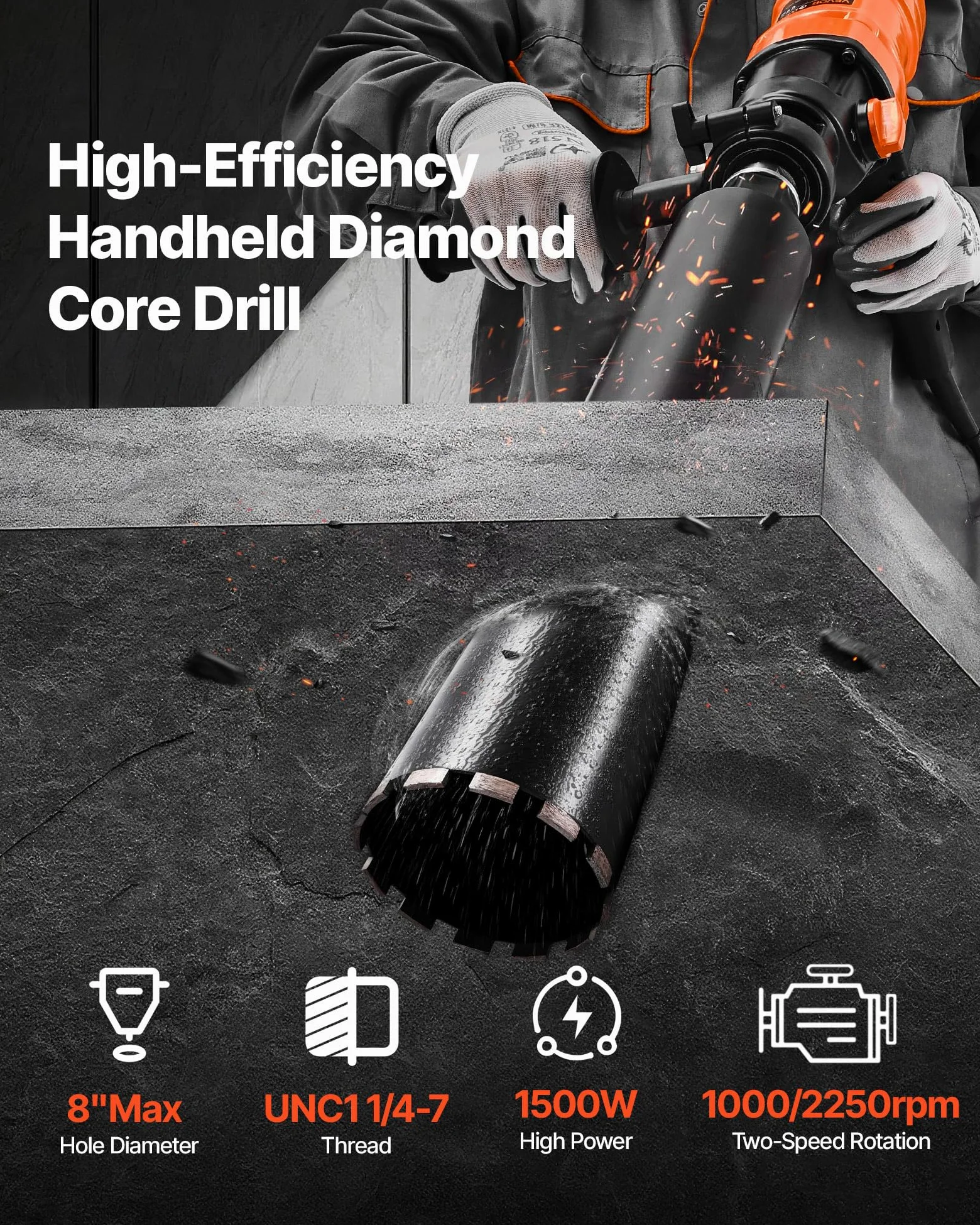 VEVOR Perforadora de Diamante, Equipo de Perforación Manual 1000/2250 RPM de 2 Velocidades en Seco y Húmedo con 4 Brocas Diámetro de Perforación de 200 mm para Hormigón, Ladrillo, Piedra
