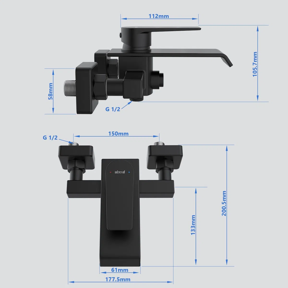 Grifo Bañera Negro en Cascada, Grifo Mural de Latón para Ducha y Baño, Mezclador Monomando para Bañera Universal 1/2" Salida Inferior, Fácil de Instalar
