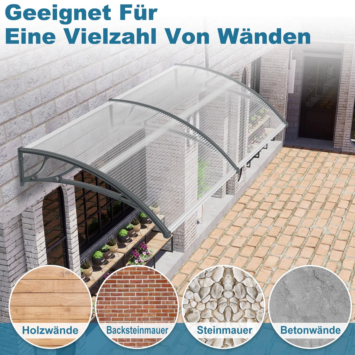 Froadp 100x150cm Marquesina para Puerta, Toldos de Policarbonato, Semitransparente Tejadillo Exteriores de Protección para contra la Lluvia Nieve y los Rayos UV, Toldos para Ventanas de Patio(Gris)