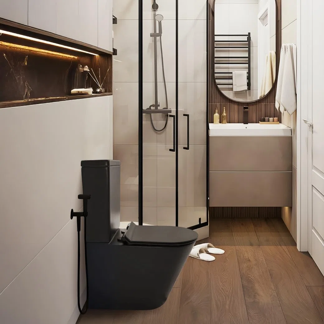 BAÑO MODERNO Inodoro Completo - WC Con Sistema Rimless Antibacterias - Vater Con Tapa Dura Extrafina Amortiguada - Salida Dual - Para Hogar Color Negro - Retrete