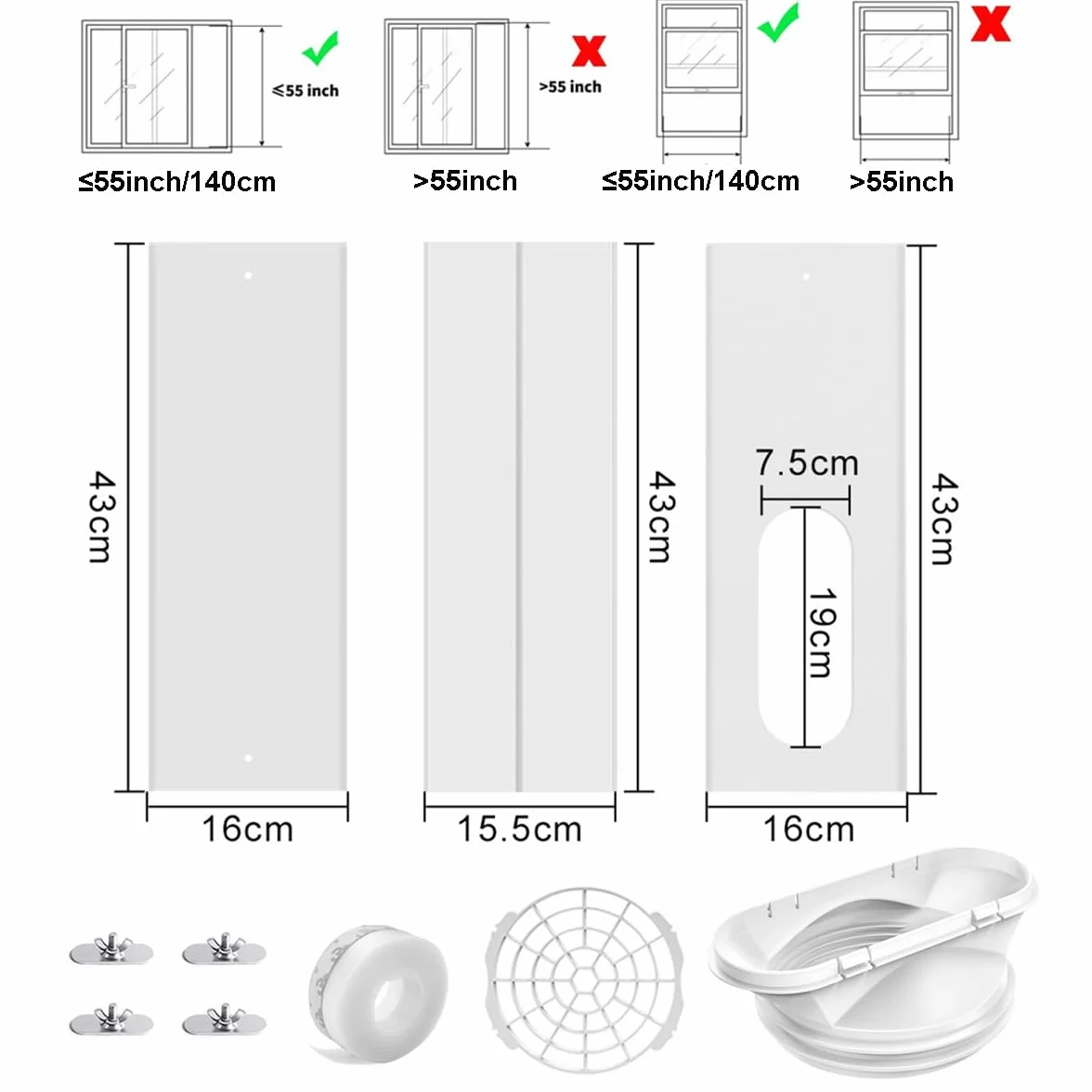 Kit de ventilación de ventanas de aire acondicionado portátil, sello de ventanas de aire acondicionado con mangueras de escape de aire acondicionado de 15cm de diámetro, longitud ajustable de 43-144cm