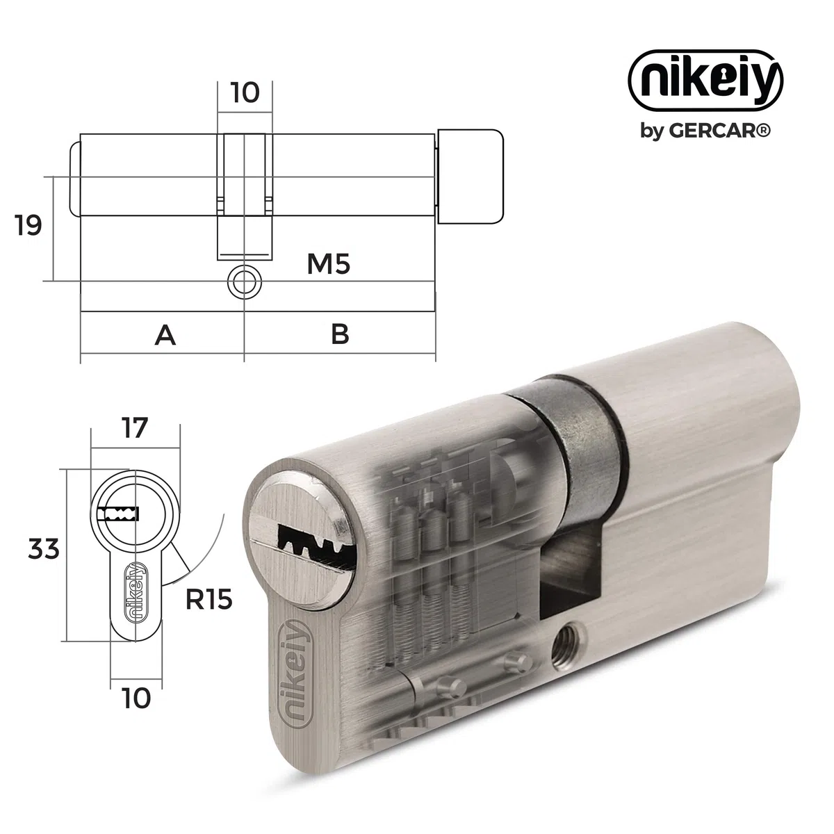 GERCAR Pro Juego de 2 cerraduras cilíndricas de latón niquelado mate 40/40-2x cilindro de cerradura/cerradura de barril 80 mm para puerta - con 10 llaves - Longitud: 80 mm, A: 40 B: 40