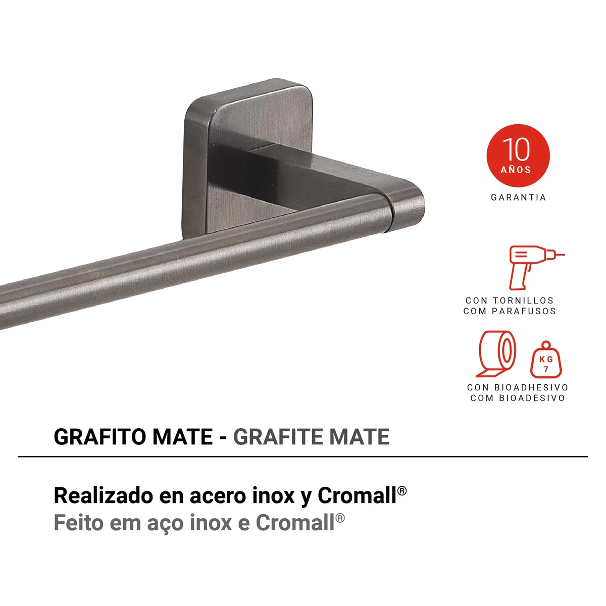 Gedy Tonga Toallero Barra Baño Pared 30cm Acero INOX y Cromall Gun Metal PVD, Portatollas con Tornillos y Biadhesivo Carga 7kg