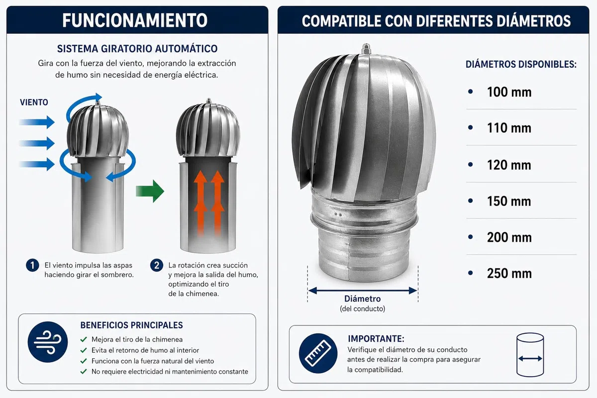 SOMBRERO EXTRACTOR 150MM DE HUMO EN ACERO GALVANIZADO GORRO GIRATORIO PARA SALIDA DE HUMO DE CHIMENEAS ESTUFAS DE DIAMETRO: (150)
