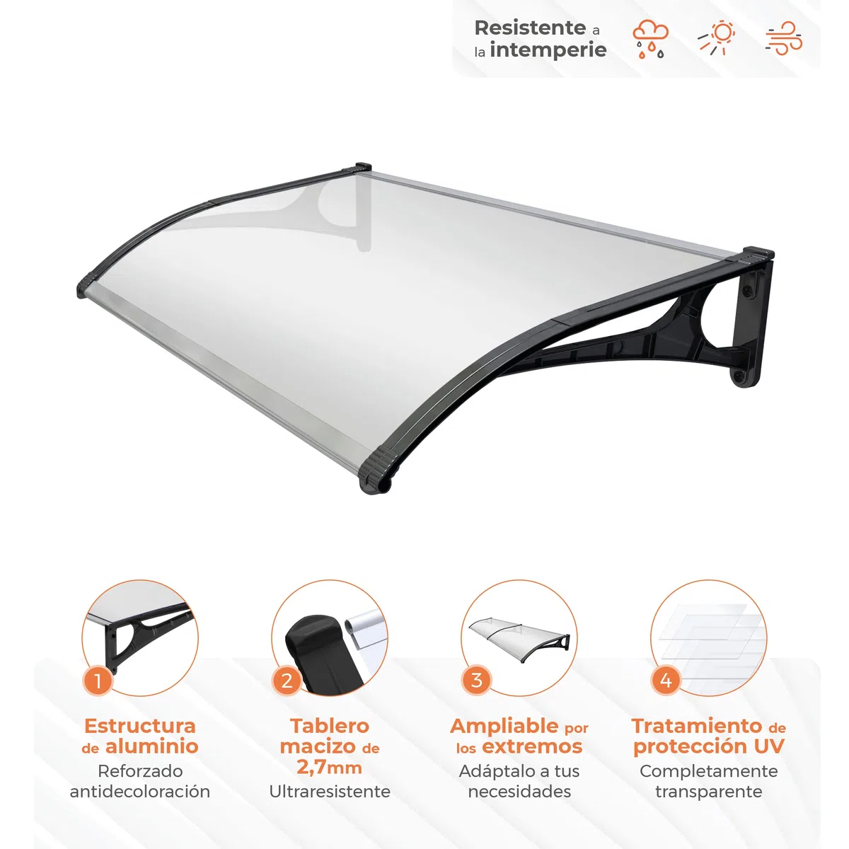 Marquesina Puerta Exterior 120x80 cm – Policarbonato Macizo 2,7mm - Soportes de Aluminio Antracita – Fácil Montaje - Tejadillo Protección Lluvia Ventana – Cubierta Resistente Jardín Terraza