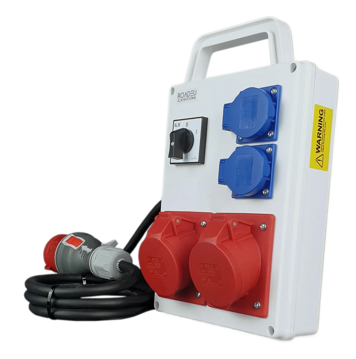 RoadEu - Portátil Distribuidor de corriente 16A con interruptor principal 0-1. 2x enchufes CEE 16A - con 2x enchufes Schuko de 230V. Regleta 1m. IP44 Ideal para Taller, Cobertizo y Fábricas