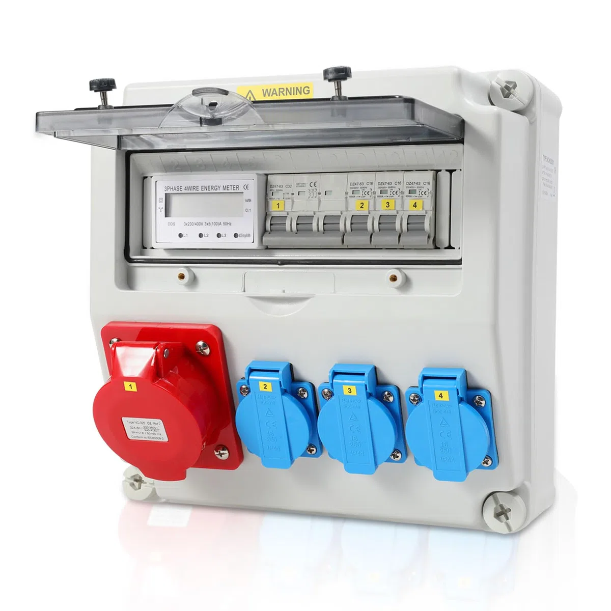 Distribuidor de pared, distribuidor de corriente para construcción, 3 x 16 A, 230 V, 1 x CEE+32 A, 5 pines con interruptor de protección MCB, distribución de corriente de 3 fases, IP44, con