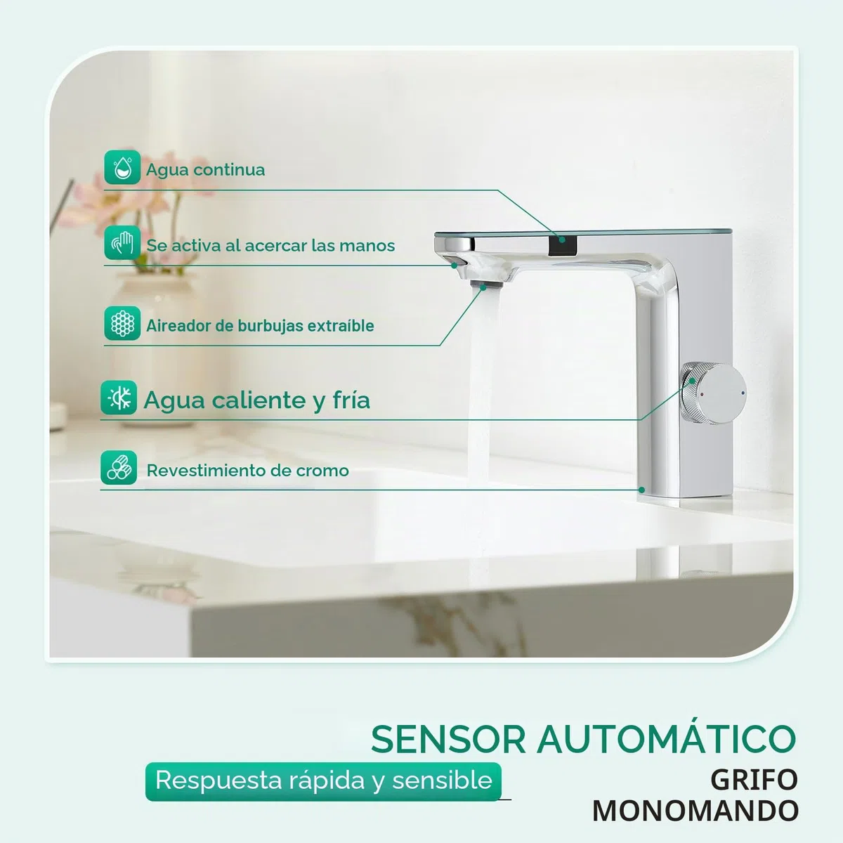 CREA Grifo Baño con Sensor Automático, Grifo Lavabo con Automático Infrarrojo, Grifo Mezclador Sensor, Moderno Grifo Baño Lavabo Automático, Grifo Monomando Inteligente, Cromo