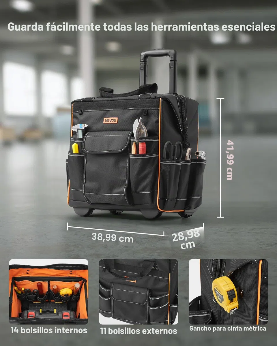VEVOR Mochila con Ruedas de 39 x 29 x 42 cm Capacidad de Carga de 50 kg, Mochila de Herramientas Resistente con 25 Bolsillos, Asa Telescópica Ajustable y Base Estable para Construcción y Mecánico