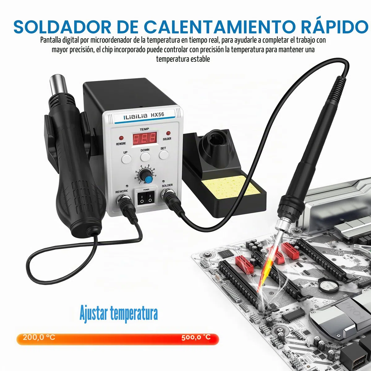 Estación de soldadura, ILIBILIB - Estación de soldadura y aire caliente 2 en 1 SMD de 60 W, estación de soldadura con pantalla digital y 5 puntas intercambiables, alambre de soldadura, boquillas