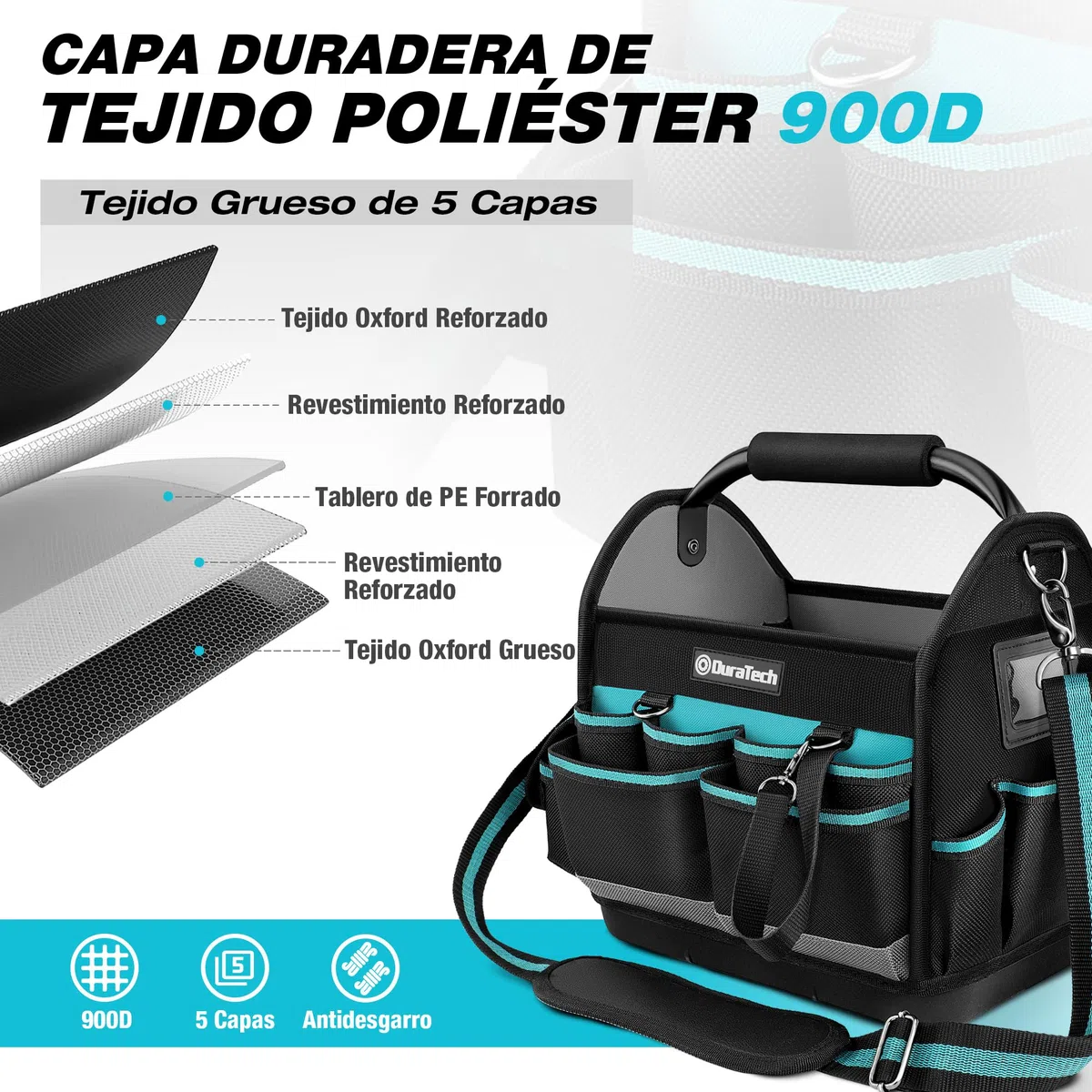 DURATECH Bolsa de Herramientas Duradera de 30,5 cm, Bolsa Portaherramientas con Base Imperable, Bolsa Rígida con Gran Apertura, Poliéster 900D, Asa de Transporte, Correa de Hombro Ajustable