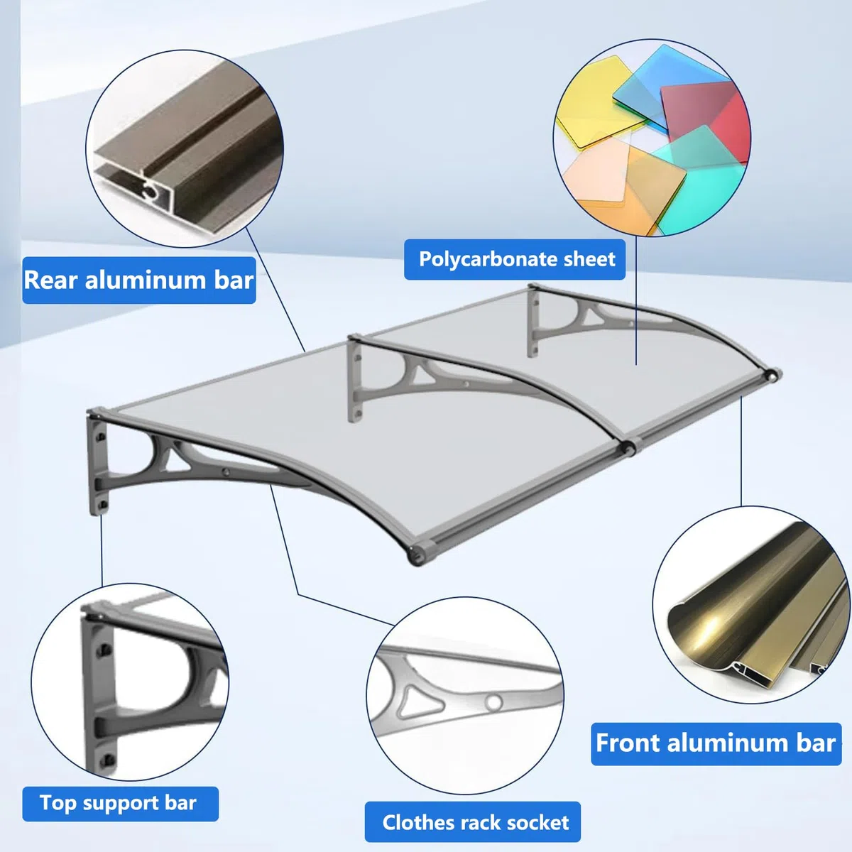 Toldo para Puerta de Entrada con sección Lateral, 60x120cm, Marquesina Transparente de policarbonato de 6 mm y Aluminio, marquesina de Puerta para protección Exterior contra la Lluvia