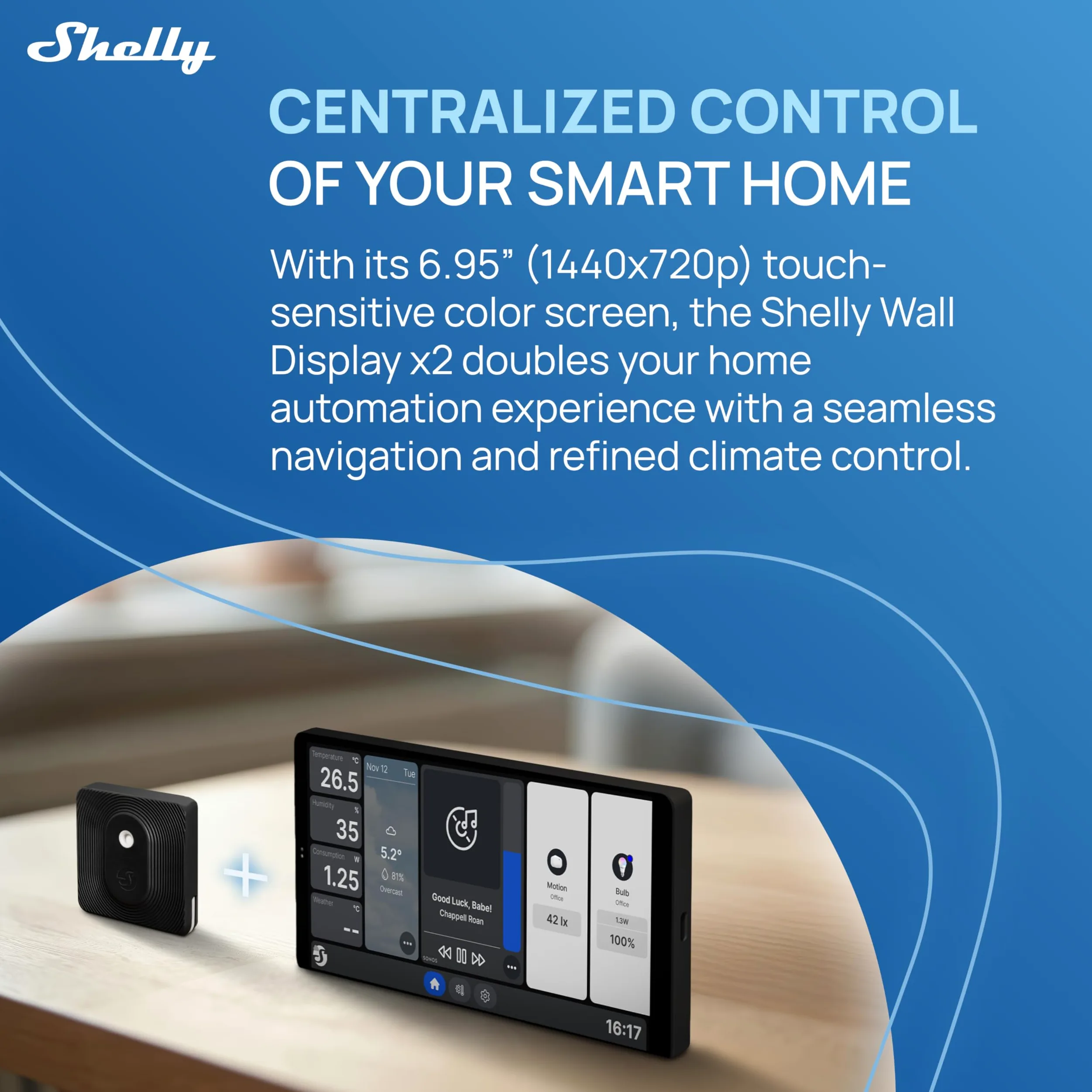Shelly Wall Display x2 Negro y BLU H&T Negro - Panel de control domótico Wi-Fi con termómetro, higrómetro, pantalla táctil de 6,95'', interruptor 5A, termostato, Shelly App y Home Assistant