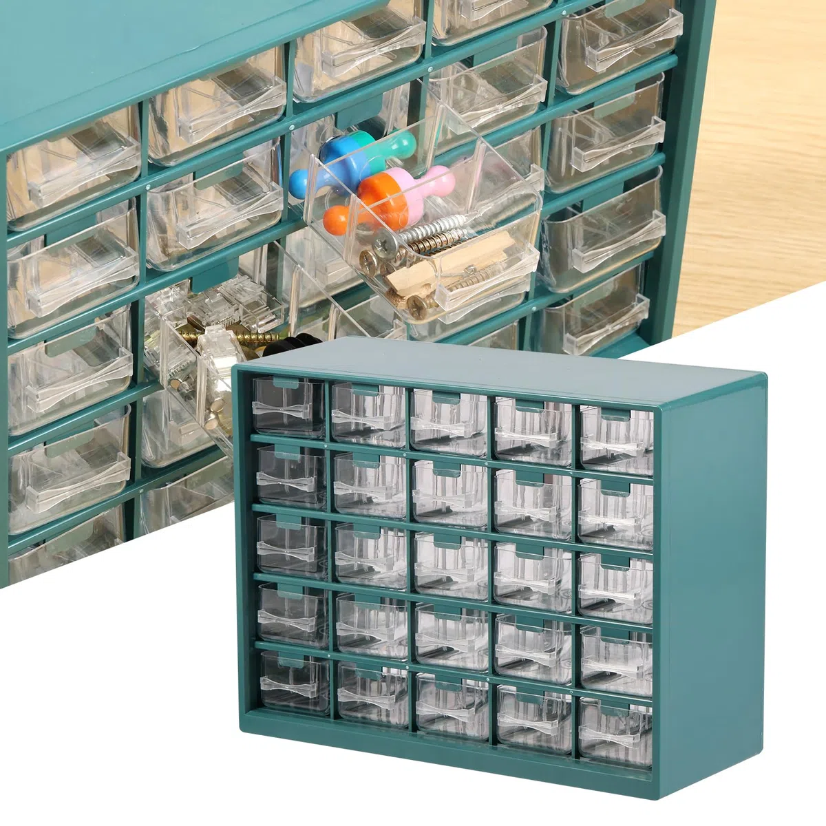 Organizador de almacenamiento de hardware de 25 compartimentos visible, organizador de tornillos de 25 cajones, gabinete para garaje, cobertizo, caja de herramientas de bricolaje, cajón de plástico