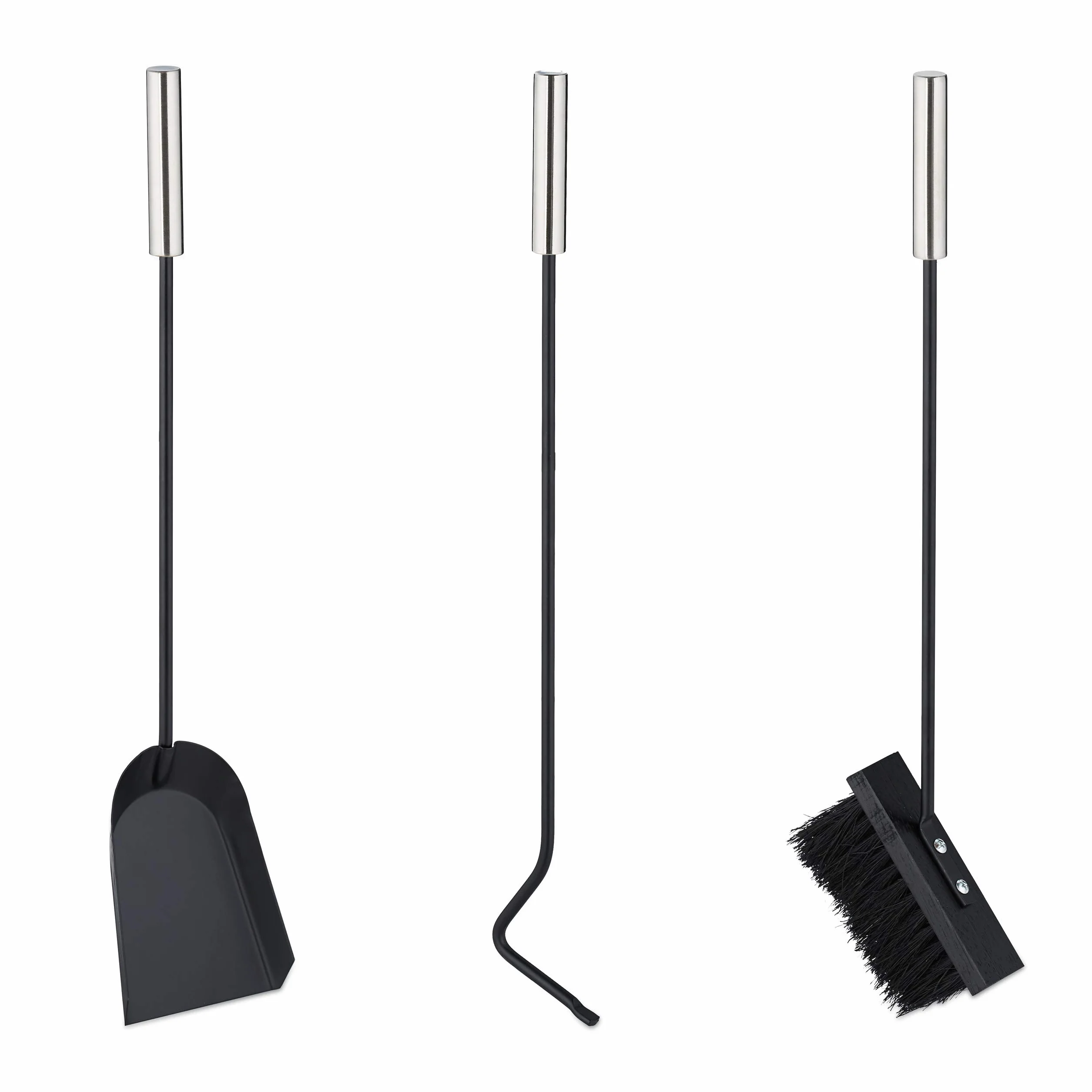 Relaxdays Leñero con accesorios de chimenea, Soporte portátil, Pala para cenizas, Cepillo & Atizador, Negro