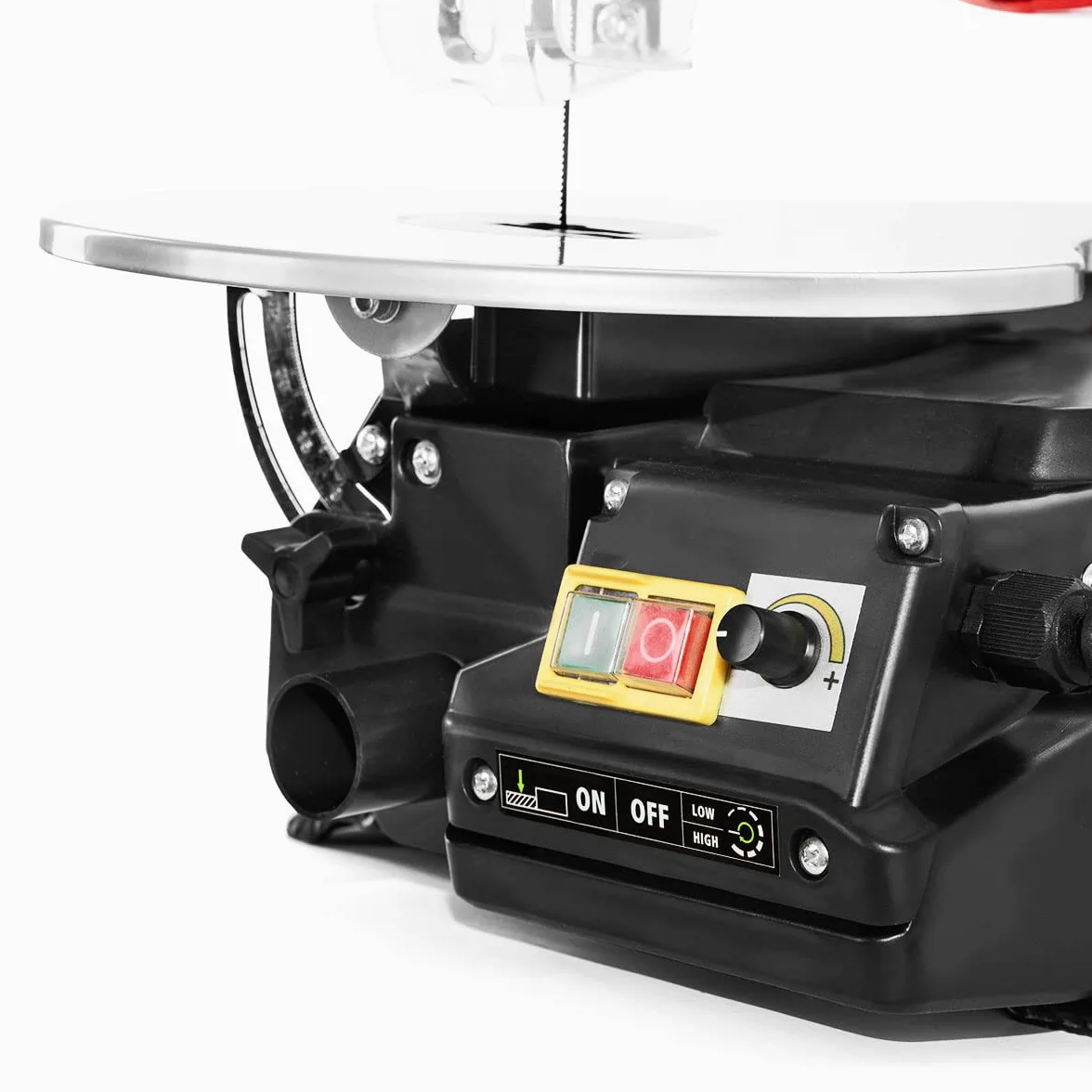 GREENCUT SRM120C - Sierra de marqueteria eléctrica de 120W y velocidad variable 400-1650rpm, longitud hoja 133mm, herramienta para taller y hogar, protector de hoja retráctil