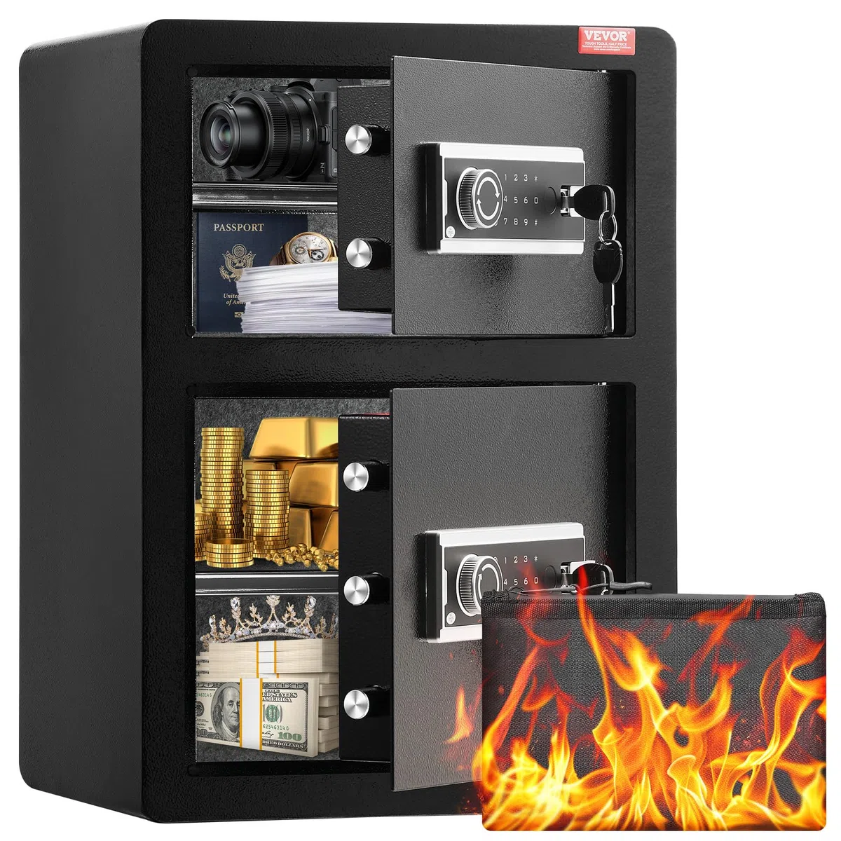 VEVOR Caja Fuerte de 99,1 L con Puertas Dobles, Cerradura con Llave y Contraseña, Bolsa Ignífuga, Estante para Llaves, Luz LED y 2 Divisores Ajustables y Extraíbles para Dinero, Documentos, Negro