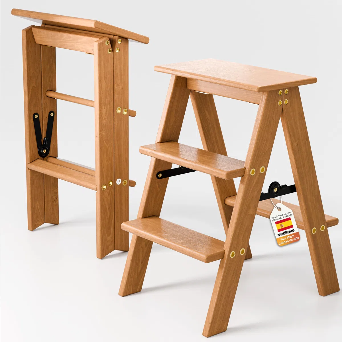 Escalera de 3 peldaños, Taburete Plegable de Madera, Silla Plegable, Antideslizante, portátil y Resistente para el hogar, la Cocina y la Oficina (Madera EW1)