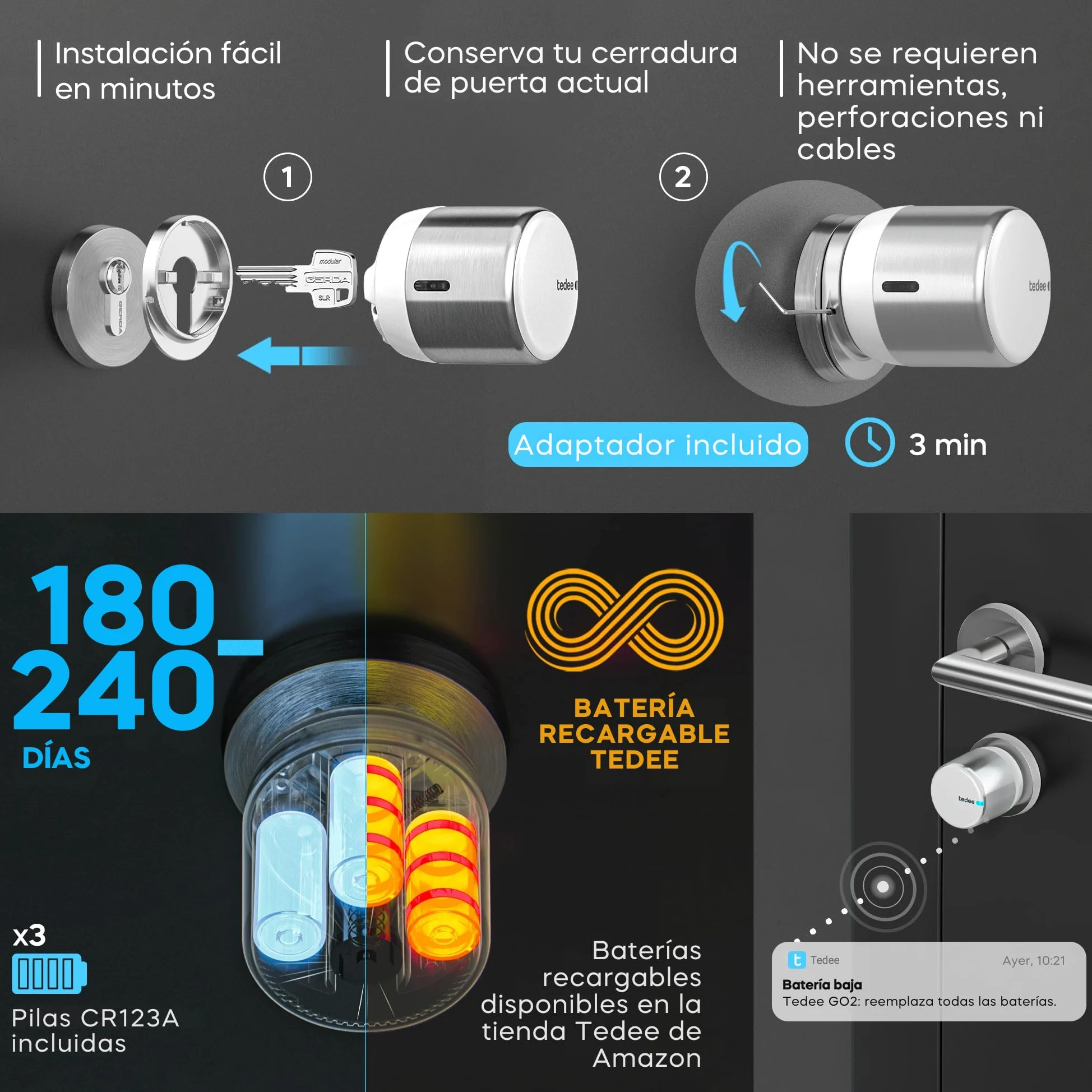tedee GO2 Alu Cerradura inteligente con WiFi y Bluetooth | Aplicación para Acceso Remoto | Cerradura Inteligente con Desbloqueo automático | Alexa, Google Home, Apple HomeKit, SmartThings | Matter
