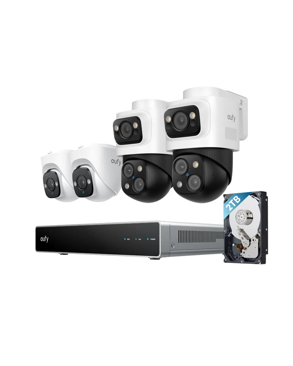 eufy Security S4 Camaras de vigilancia Exterior PoE NVR, 2 cámaras Bullet-PTZ, 2 cámaras Torre, Encuadre y Seguimiento automático IA, búsqueda Inteligente de Video, luz estroboscópica, grabación 24/7