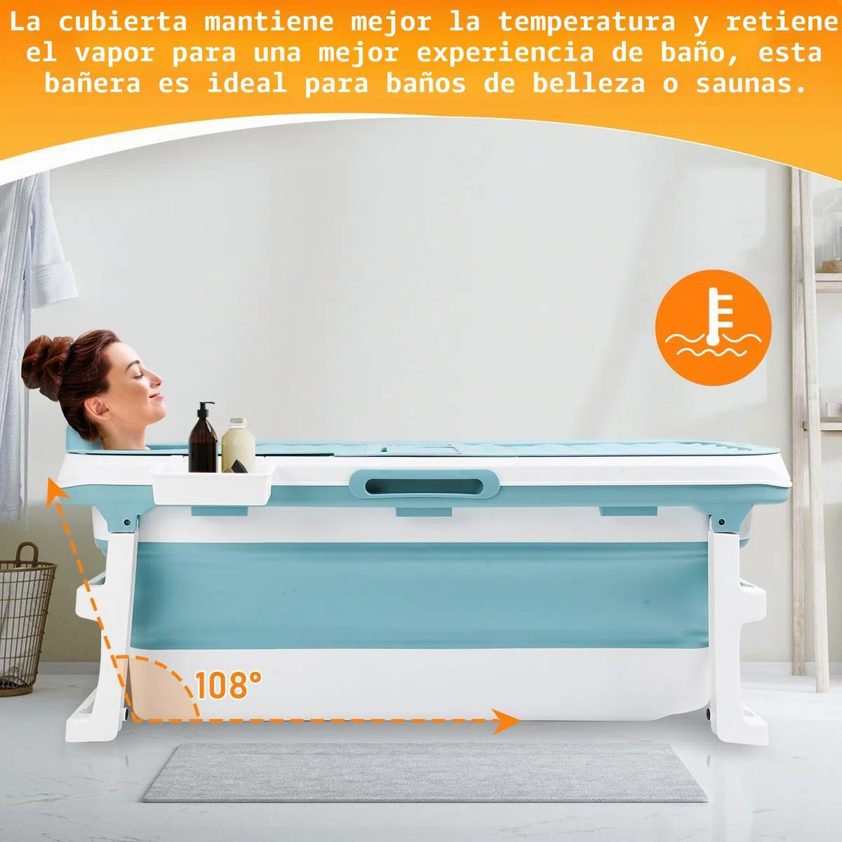 Ikodm Bañera plegable para adultos - XXL 149 x 60 x 50 cm - Bañera móvil plegable con tapa, rodillos de masaje y cesta - Para baño, ducha y balcón - Azul