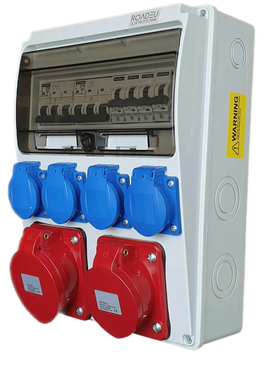 RoadEu - Distribuidor de corriente 16A 5P y 32A 5P, con 4 tomas Schuko de 230V y magnetotérmicos. Distribuidor de obra con protección IP44. Cuadro Eléctrico Ideal para talleres, cobertizos o jardines.