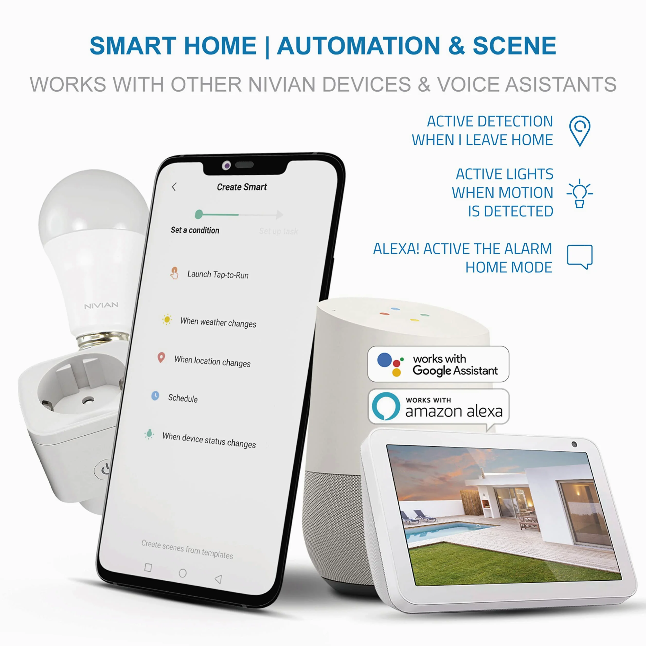 Nivian Sistema de Alarma antirrobo para hogar sin cuotas –WiFi/gsm–Kit Ampliable hasta 60 Dispositivos–LCD–Control Remoto a través de App Tuya-Fácil instalación P2P con QR-inalámbrica sin Cables