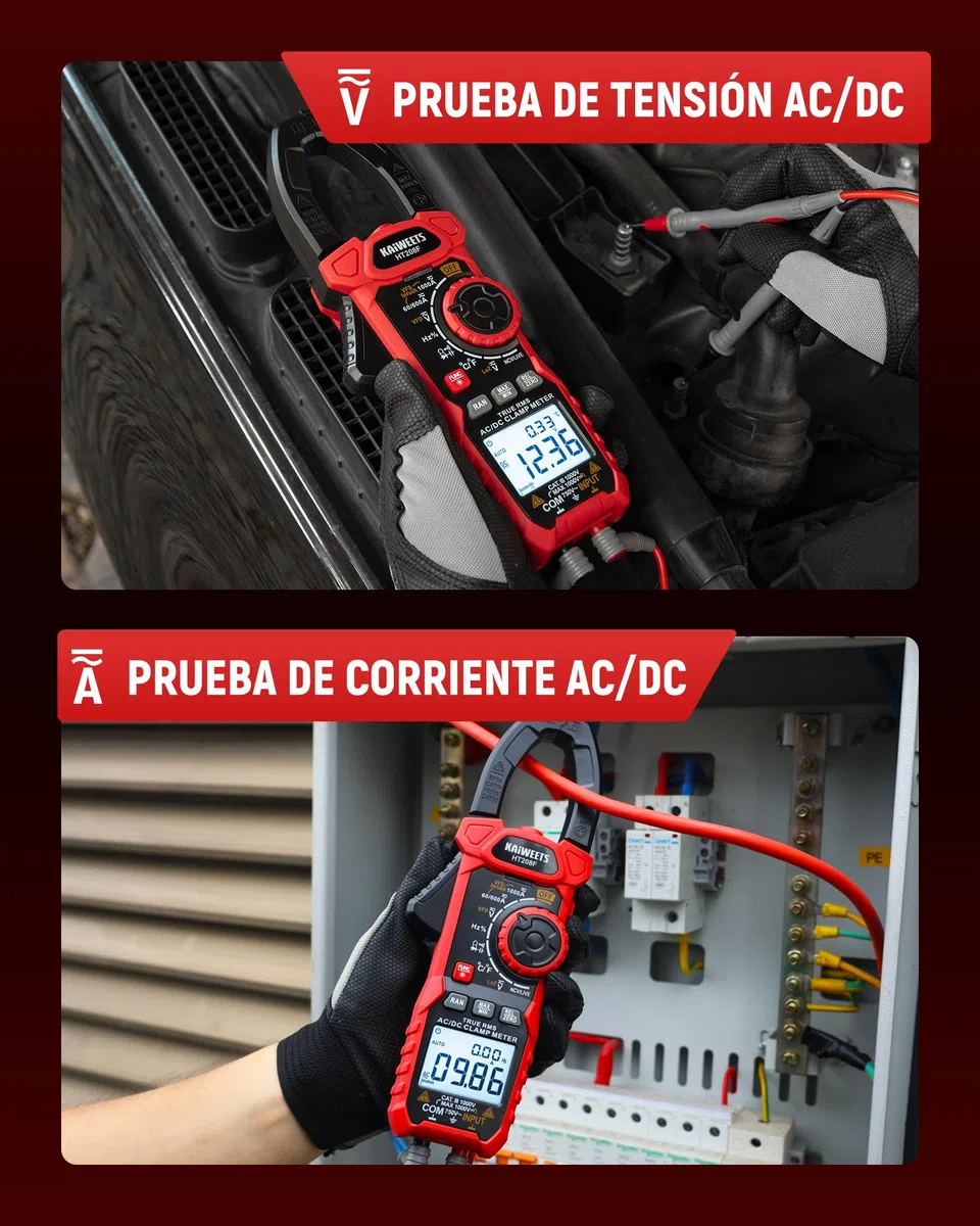 Pinza Amperimétrica KAIWEETS 1000A CA/CC, Pinza Amperimetrica De Conteo HT208F 6000, Modo Vfd y Loz, Pantalla Mejorada en Blanco y Negro, AC/DC, Resistencia, Capacitancia, Medición De Sobrecorriente