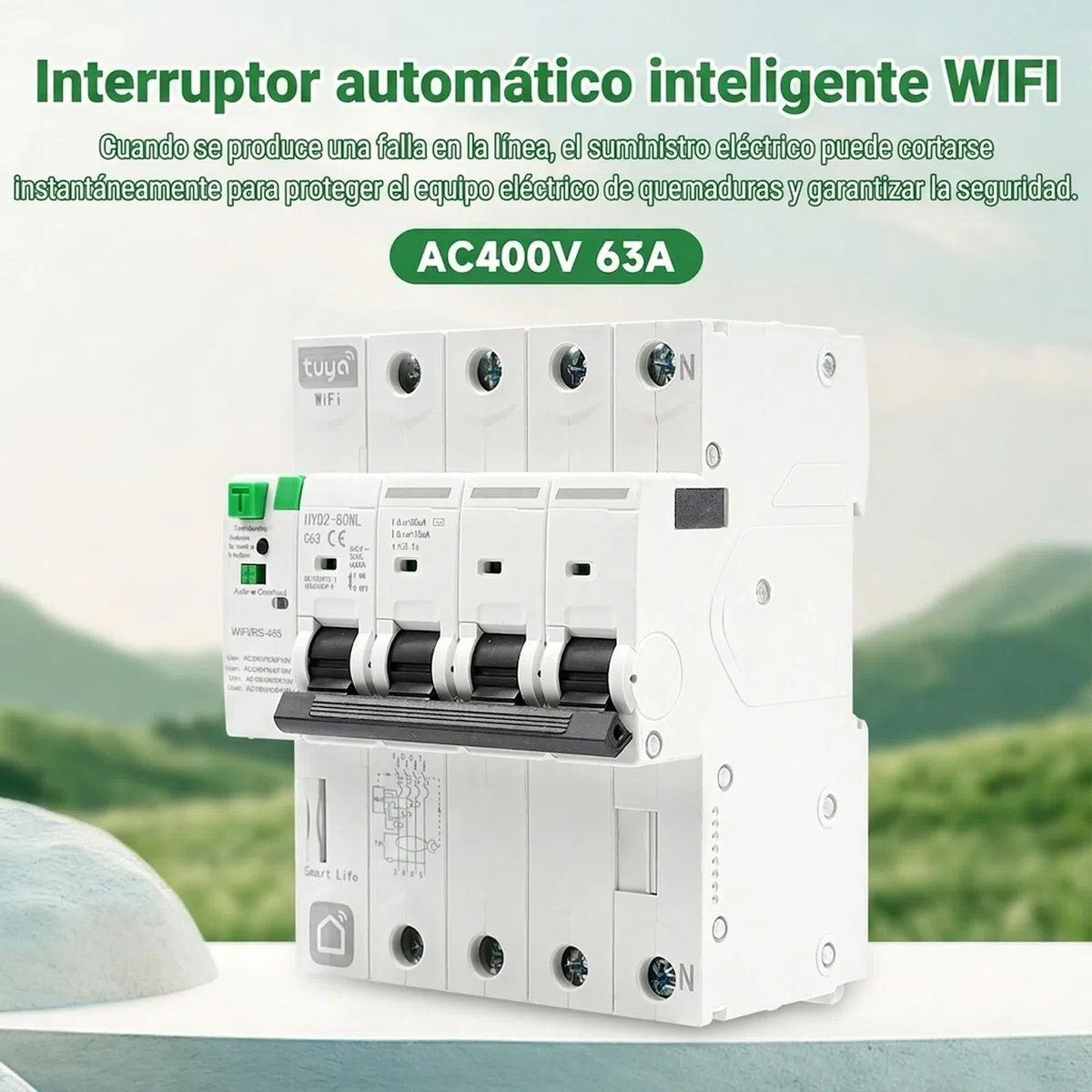 Disyuntor inteligente wifi 63A 30ma magnetotermico 380V 4P TUYA/Smart Life APP Recovery inteligente de reconexion interruptor Proteccion contra fugas contra fugas por subtension.