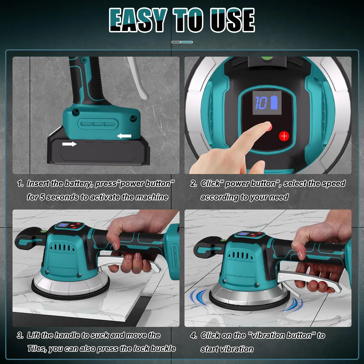 panthem Vibrador de azulejos compatible con batería Makita de 18 V, dispositivo de vibración para azulejos, vibrador de azulejos con velocidad de 10 niveles, ventosa de 14,5 cm, absorción de 60 kg