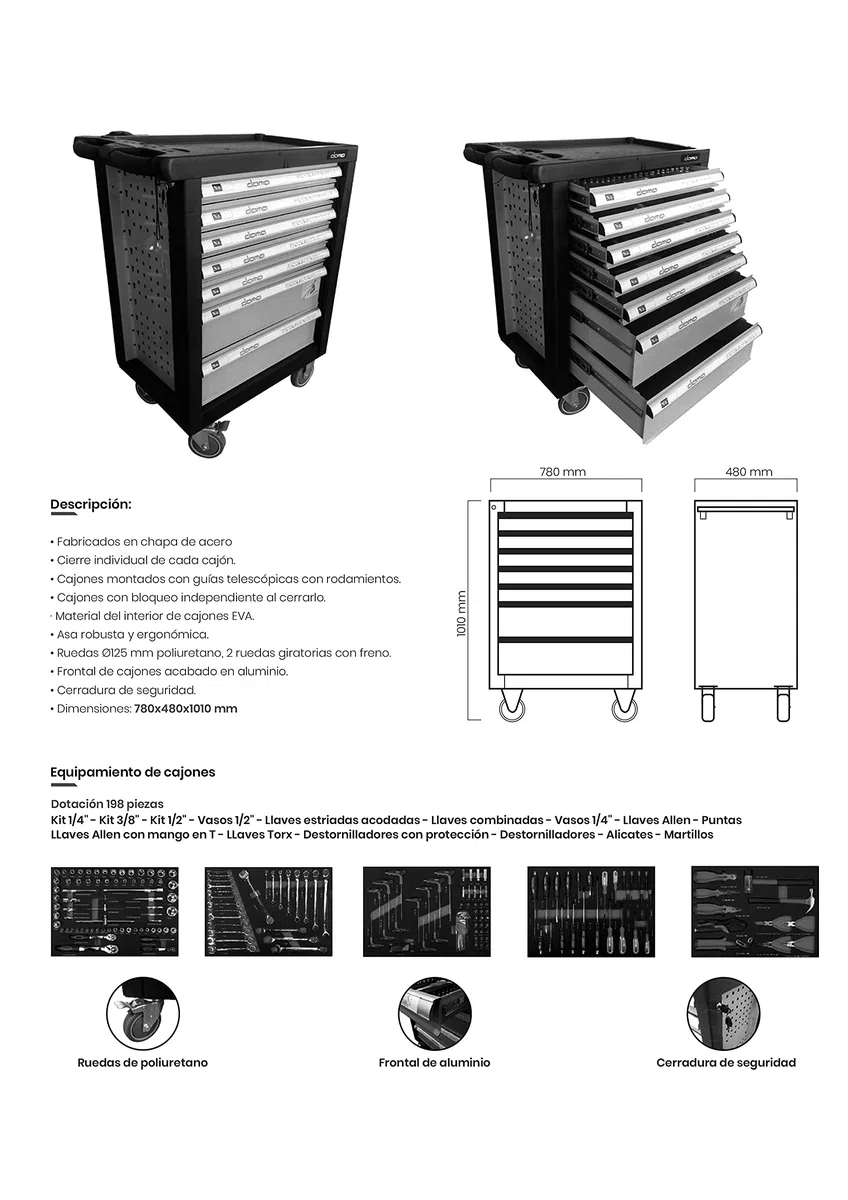 Dama - Carro de Herramientas Profesional para Taller con 7 cajones y 200 Piezas Incluidas.