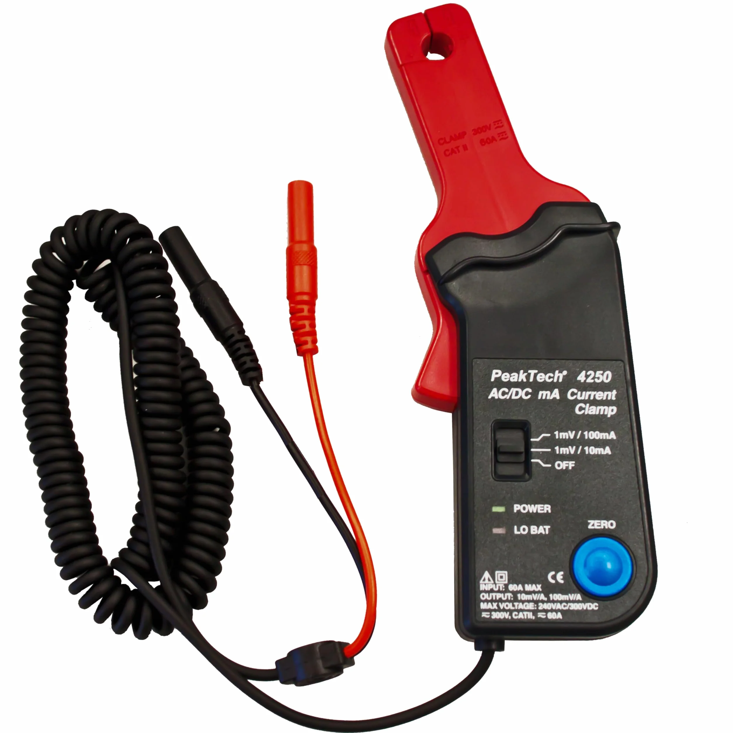 PeakTech, P 4250 Adaptador de pinza amperimétrica para multímetro AC/DC con clavijas de 4 mm Ajuste del punto cero para amperometría de corriente continua, medición de corriente