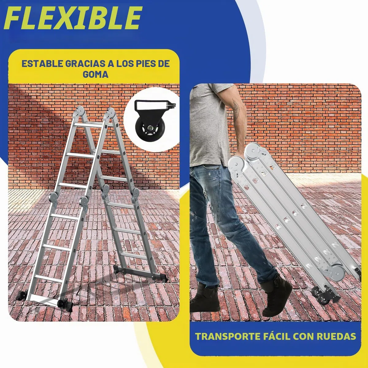 Fiqops - Escalera multifunción (4 x 3, 360 cm, 7 en 1, aluminio, con 2 plataformas y 2 ruedas de transporte, hasta 150 kg)