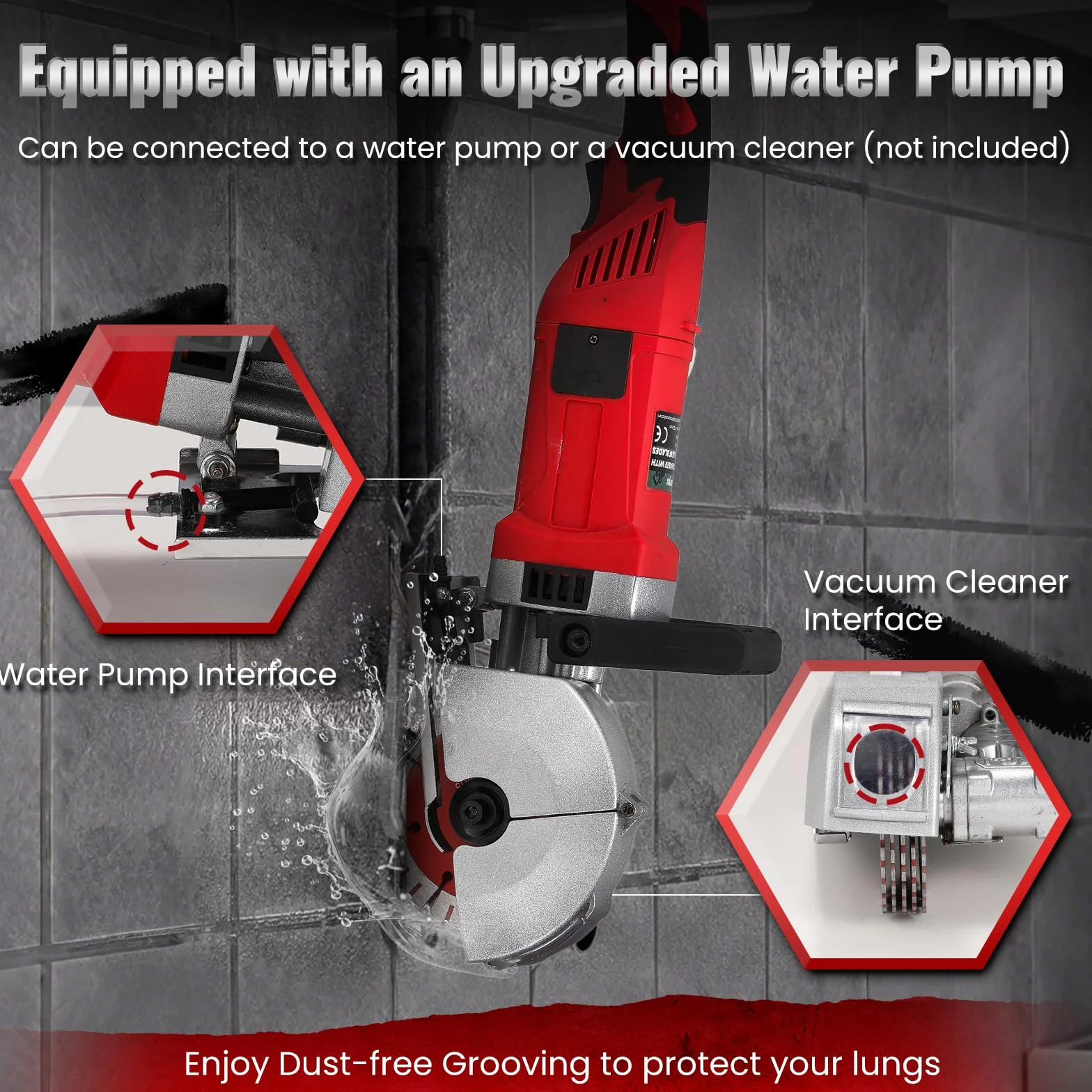 Huanyu Rozadora pared eléctrica ranuradora de ladrillos Potencia máxima 4000W, profundidad máxima 39mm ancho ajustable libre de polvo con bomba de agua 220V, 5pcs 125mm cuchillas para hormigón mármol