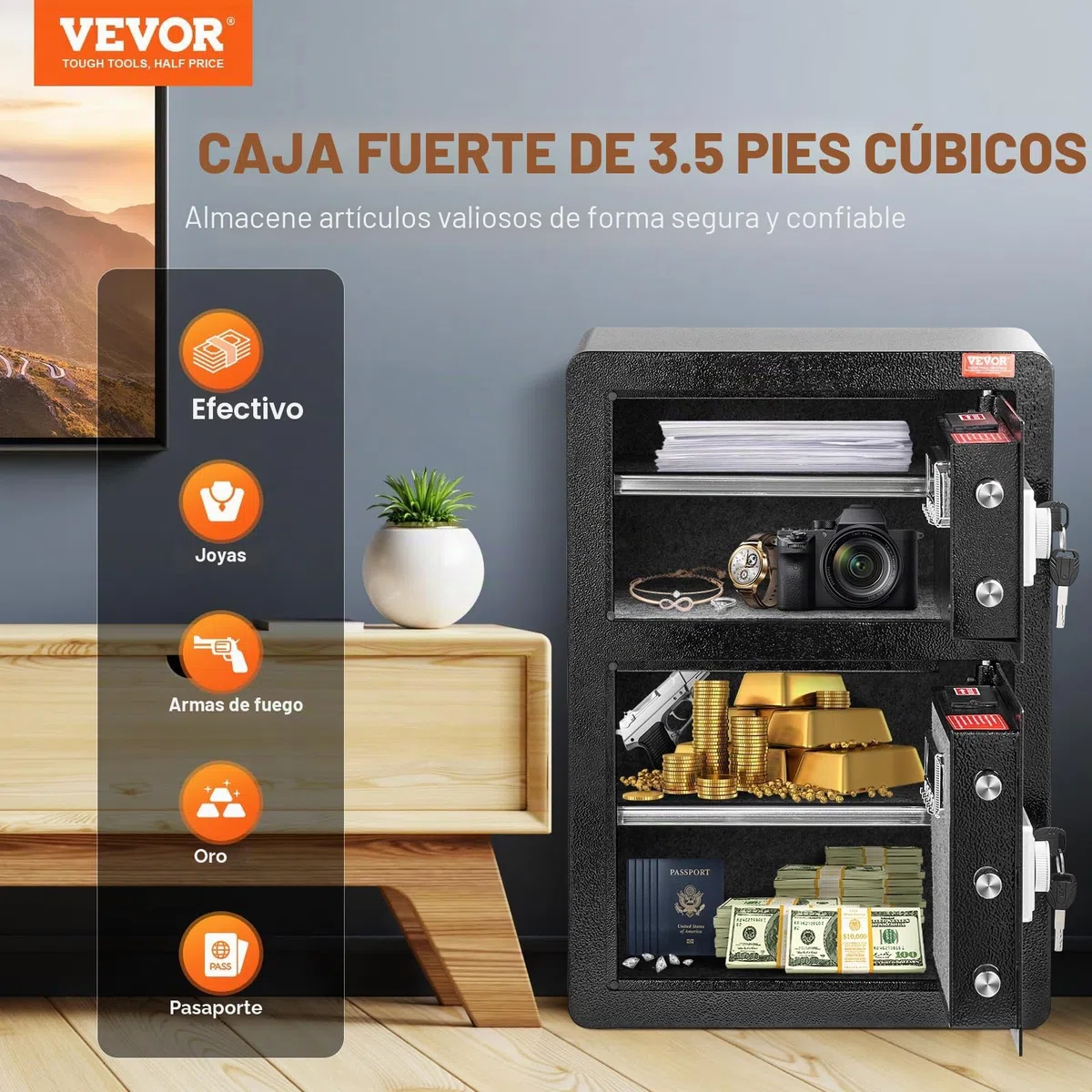 VEVOR Caja Fuerte de 99,1 L con Puertas Dobles, Cerradura con Llave y Contraseña, Bolsa Ignífuga, Estante para Llaves, Luz LED y 2 Divisores Ajustables y Extraíbles para Dinero, Documentos, Negro