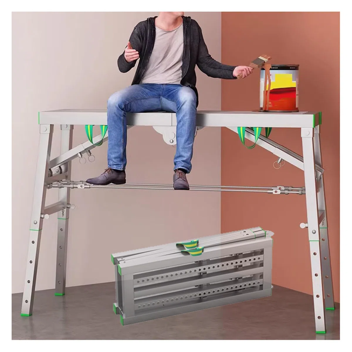 Plataforma de trabajo ajustable, andamio plegable portátil | Clasificado hasta 400 kg | Escalera y plataforma multiusos | 40 cm de ancho | Accesorio de andamio