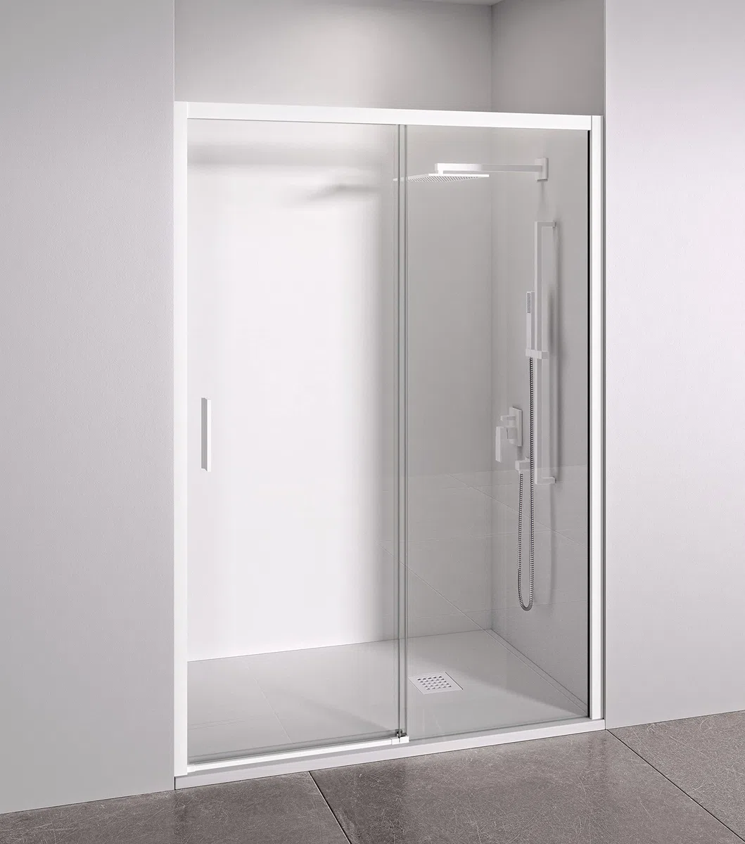 Mampara de ducha frontal 1 corredera + 1 fijo - sin perfilería inferior - Cristal transparente templado 6mm antical - Blanco Mate - Ancho adaptable 160 a 165cm - Posición puerta izquierda - Alto 195cm