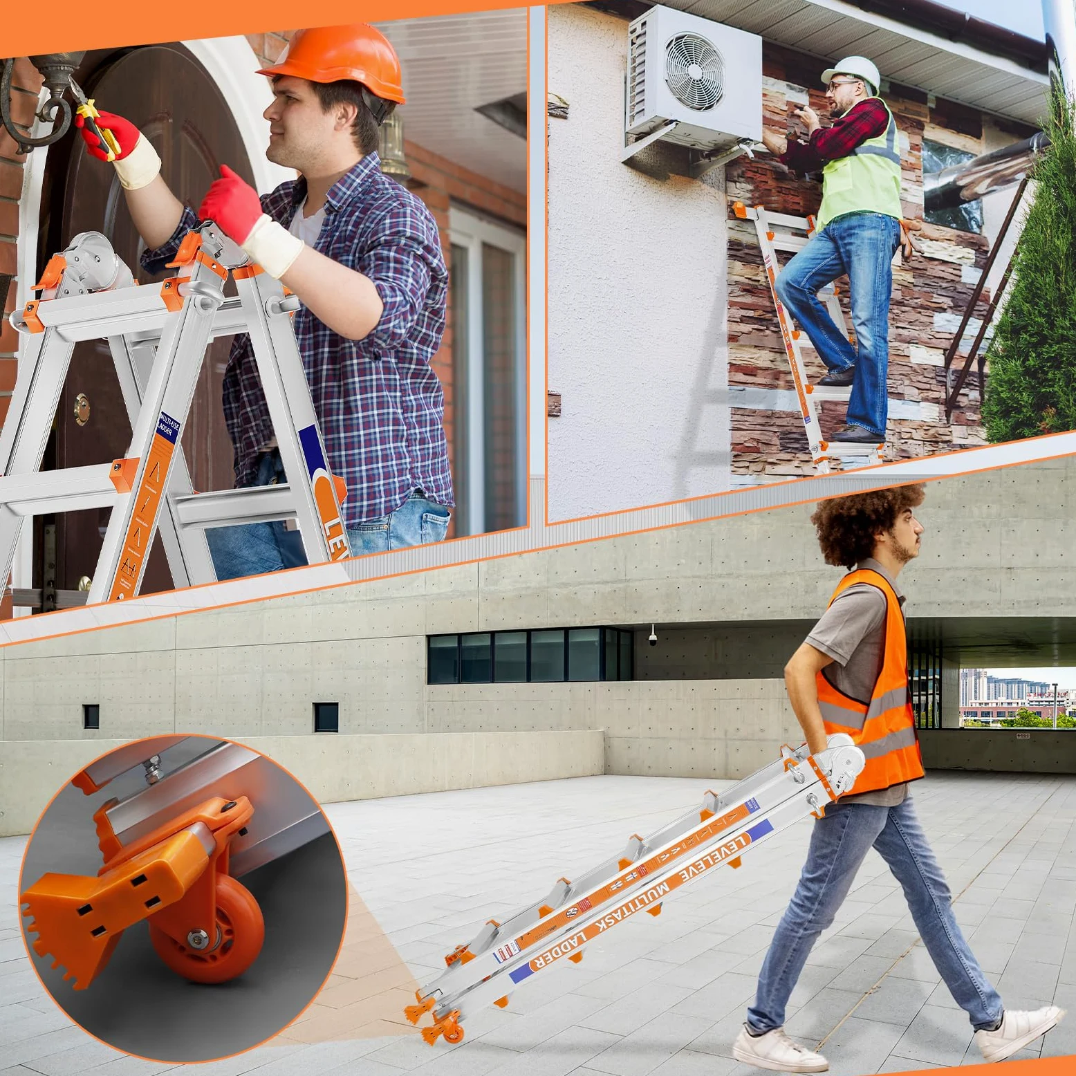 Escalera de 4 peldaños con múltiples Posiciones, Escalera Deslizante de 4,2 m con estabilizador y Ruedas, Carga de Seguridad de 150 kg, una Escalera de Marco para escaleras, hogar, Interior, Exterior