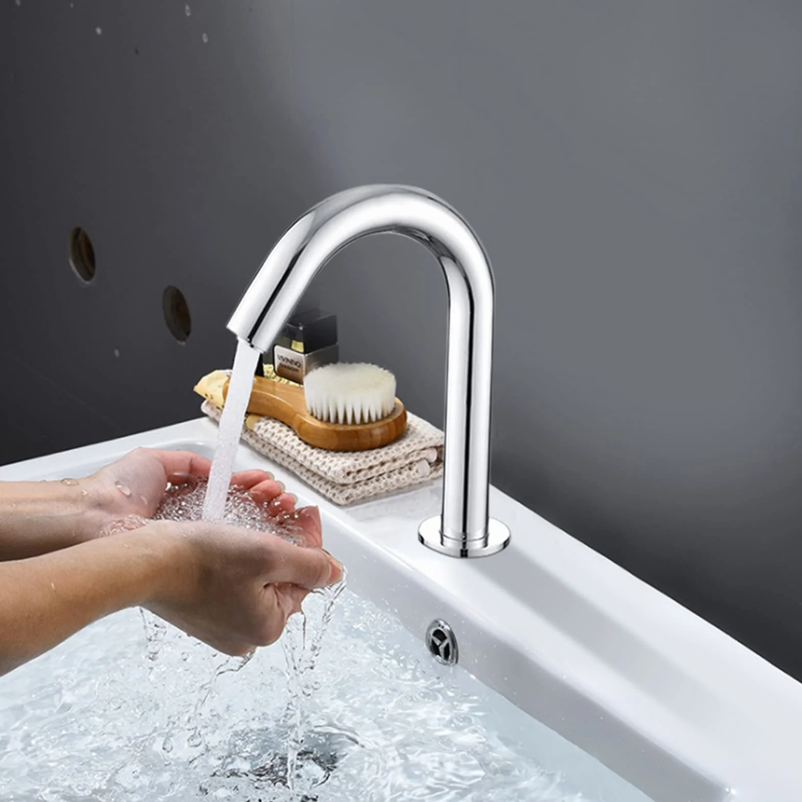 Grifo para Lavabo de Baño sin Contacto, Grifo de Agua con Sensor de Inducción Automático de Rosca G1/2 Pulgadas, Grifo Frío único Inteligente por (Modelo con batería baja)
