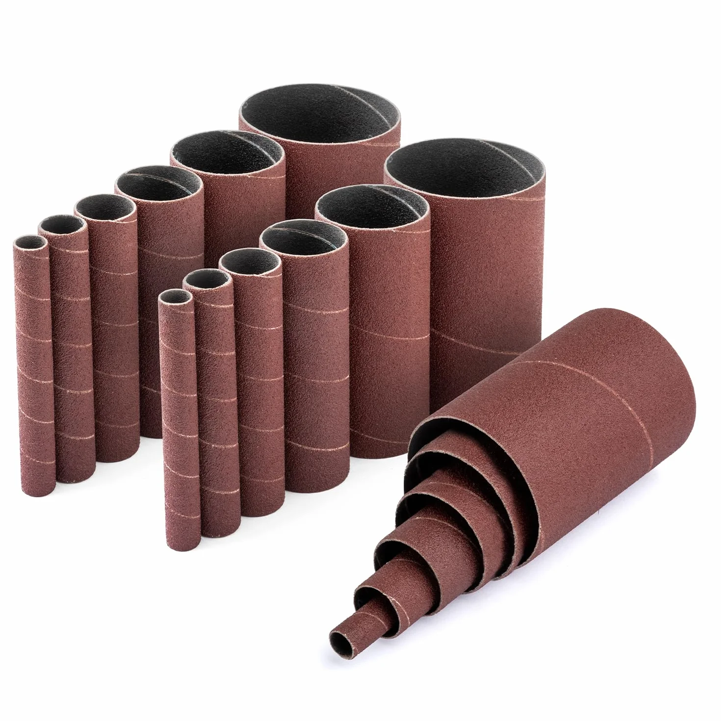 Powertec 11240 Mangas de lija para lijadora de husillo de 45 pulgadas en 6 tamaños con grano variado 80 120 240 Manga de lija de óxido de aluminio surtido en diámetro 1 2 3 4 1 11 2 2 y 318 PK