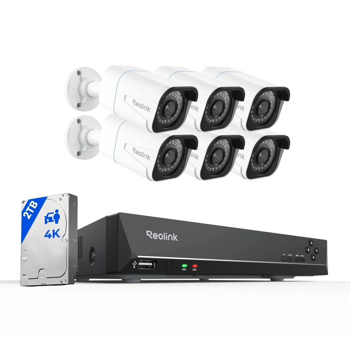 Reolink 4K Kit de Videovigilancia PoE para Exterior, 6X 8MP Cámaras IP, NVR 8CH con 2TB HDD, Grabación 24/7, Detección de Personas/Vehículos, Visión Nocturna, IP67 Impermeable, RLK8-800B6