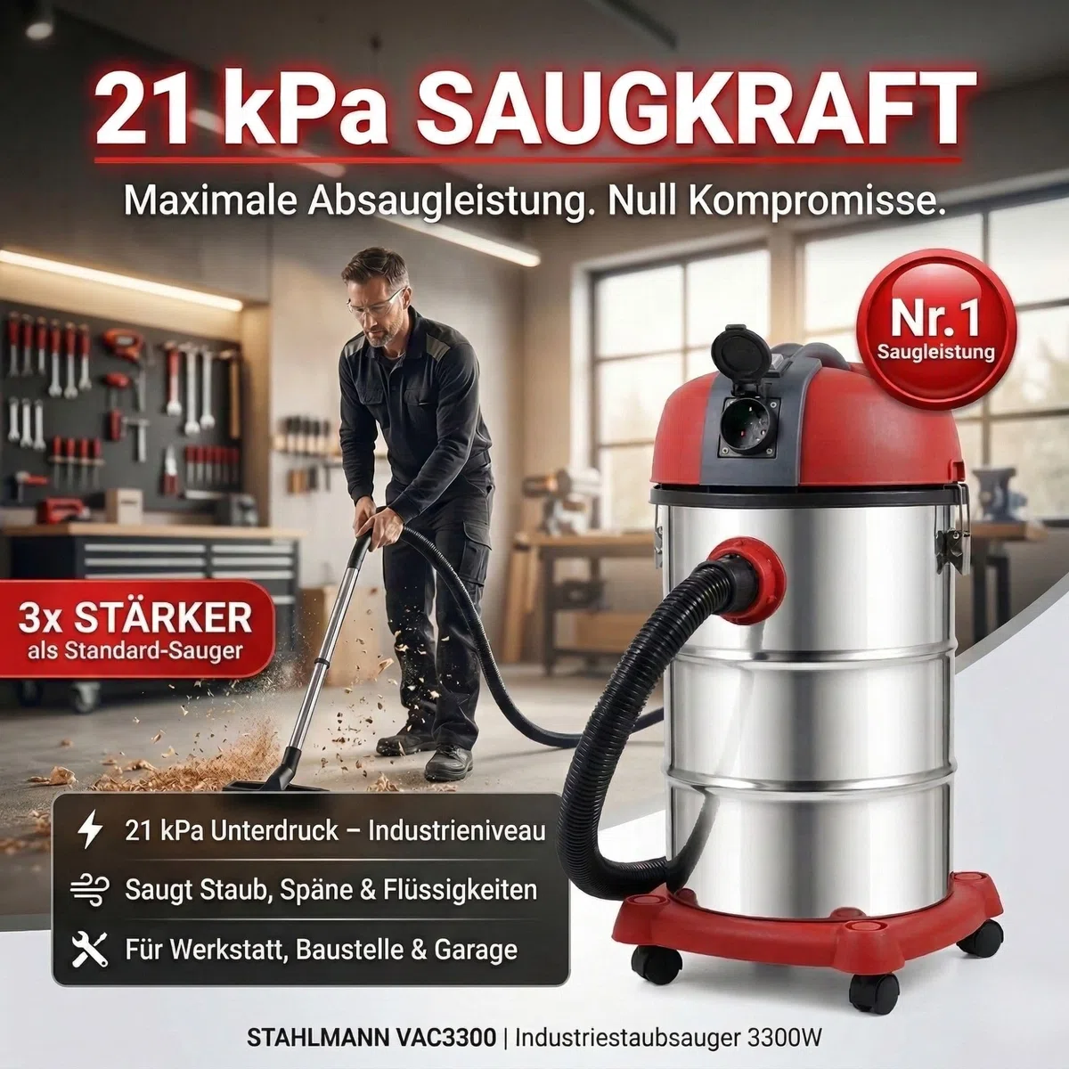 STAHLMANN VAC3300 - Aspiradora industrial en seco (depósito 30 L, enchufe integrado, 3300 W, con y sin bolsa, función de soplado, conexión a máquina, dispositivo profesional