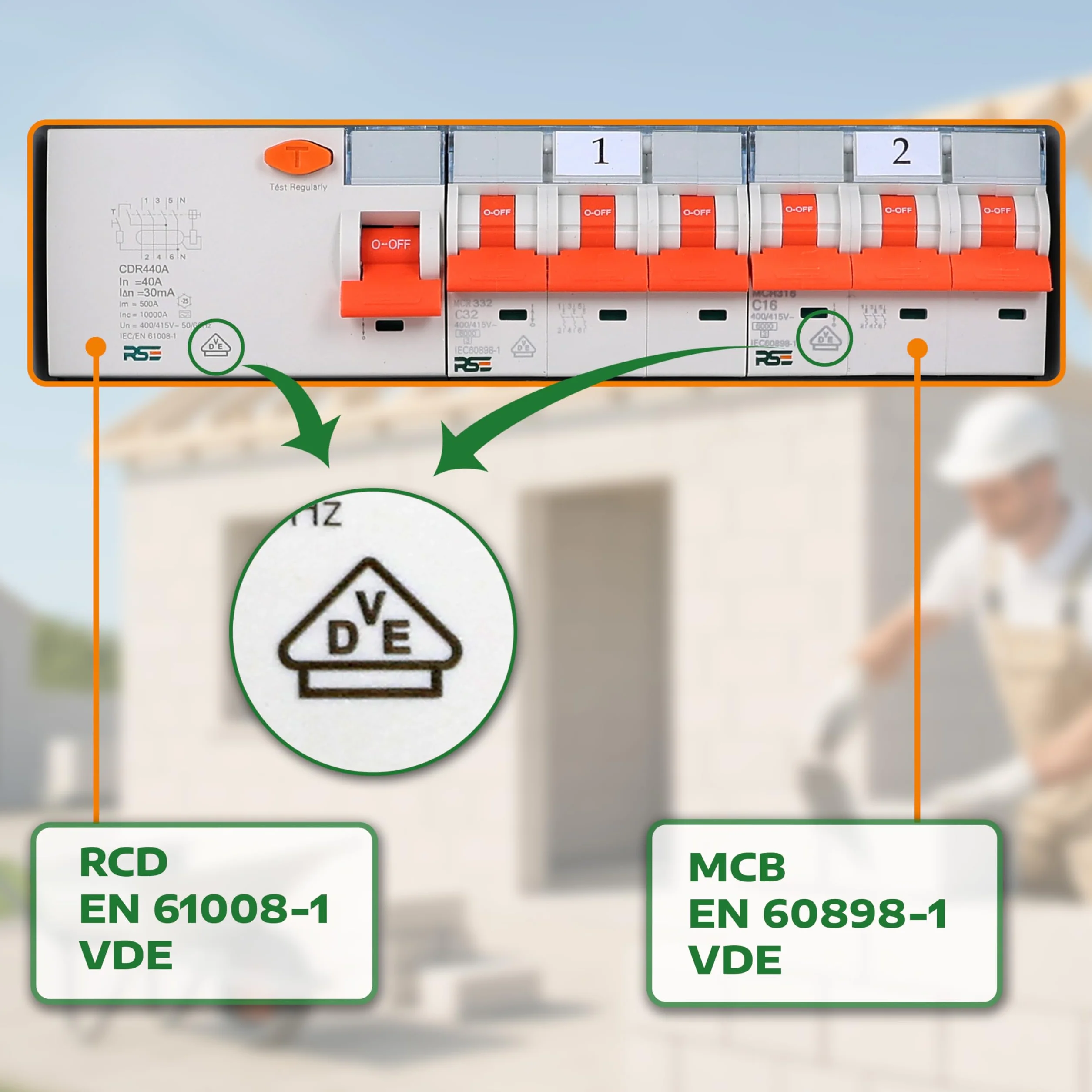 Distribuidor de corriente de pared totalmente cableado 32A 16A 230V con enchufe CEE IP65, 9. 1 x 32 A, 1 x 16 A, 3 x 230 con LS+FI