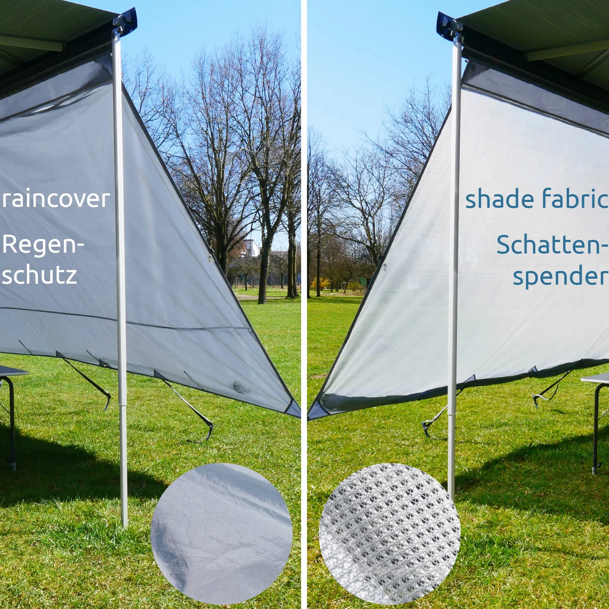 Gear Sun & Rain Blocker – Toldo delantero o paredes laterales, varios tamaños, UPF 50+, 5000 mm de columna de agua, 3 refuerzos de 4,3, 6,2 y 7 mm, anchuras