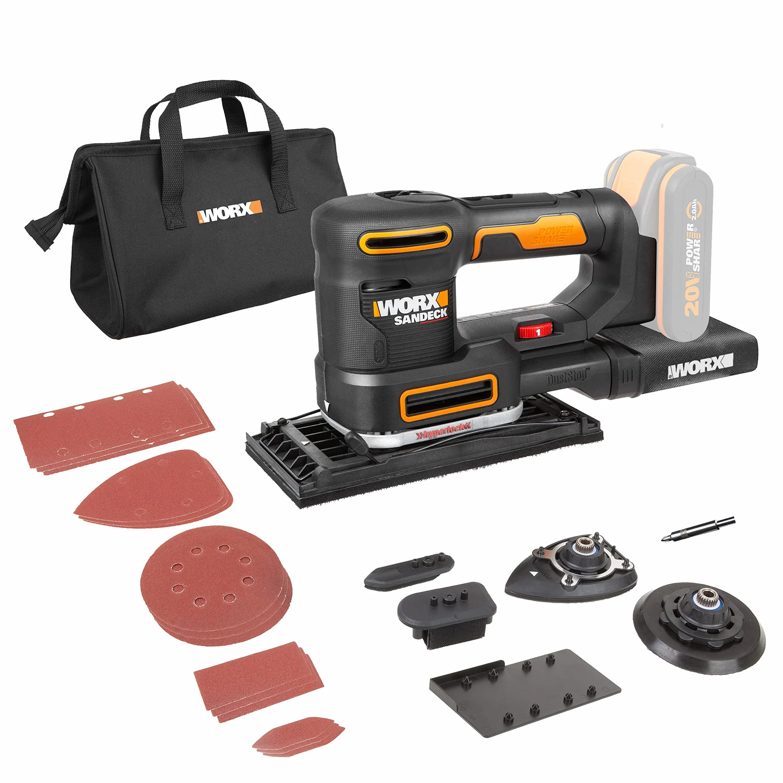 WORX Lijadora 5 en 1 Sandeck 20v Máx. | PowerShare | WX820.9 | Sin batería ni cargador | 5 funciones con cambio fácil | Velocidad variable | Diseño ergonómico | Hyperlock y Micro filtro DustStop