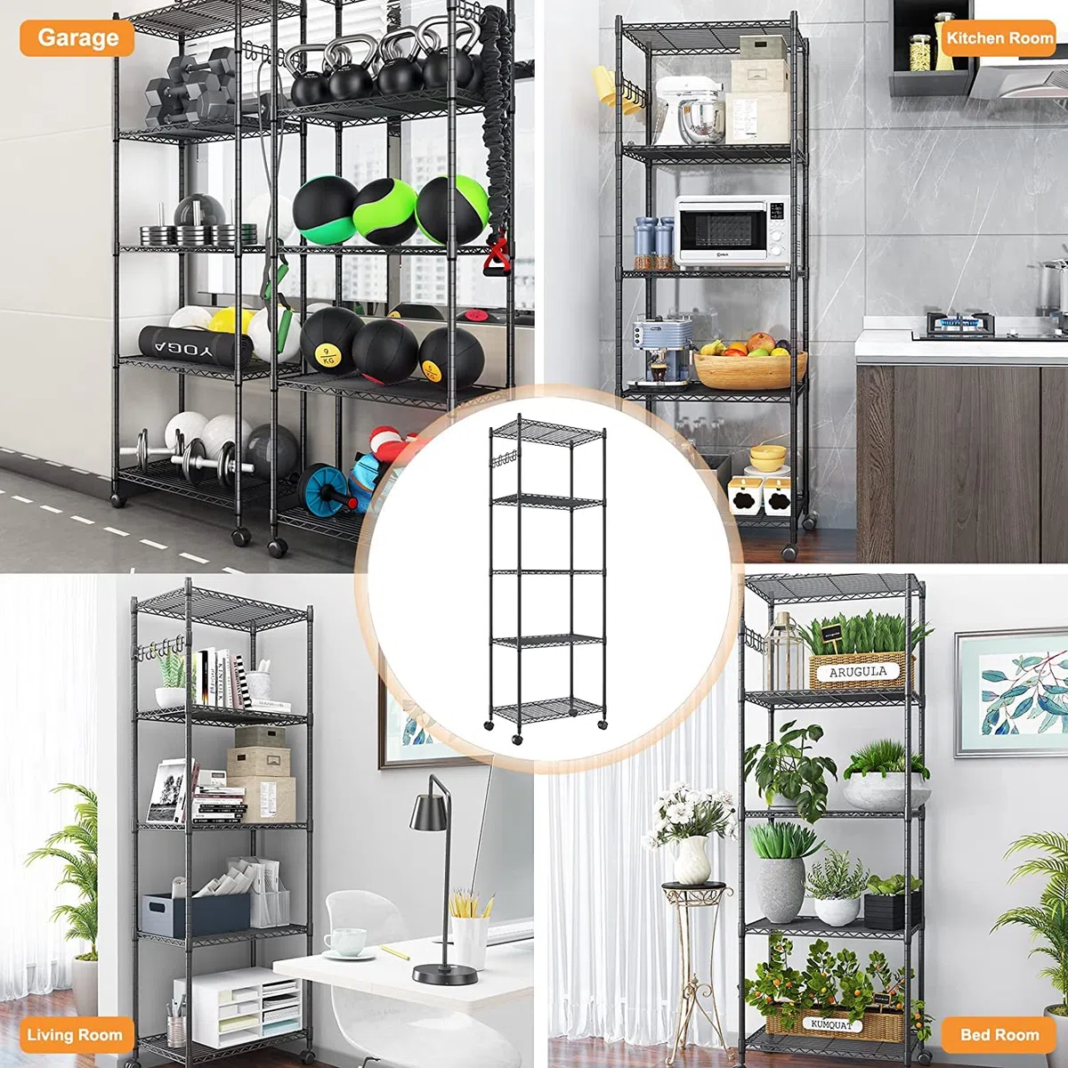 Devo Estantería de 5 Pisos con Ruedas, Altura Ajustable, con Ruedas, con Ganchos para baño, Cocina, Color Negro, 36 cm x 61 cm x 180 cm